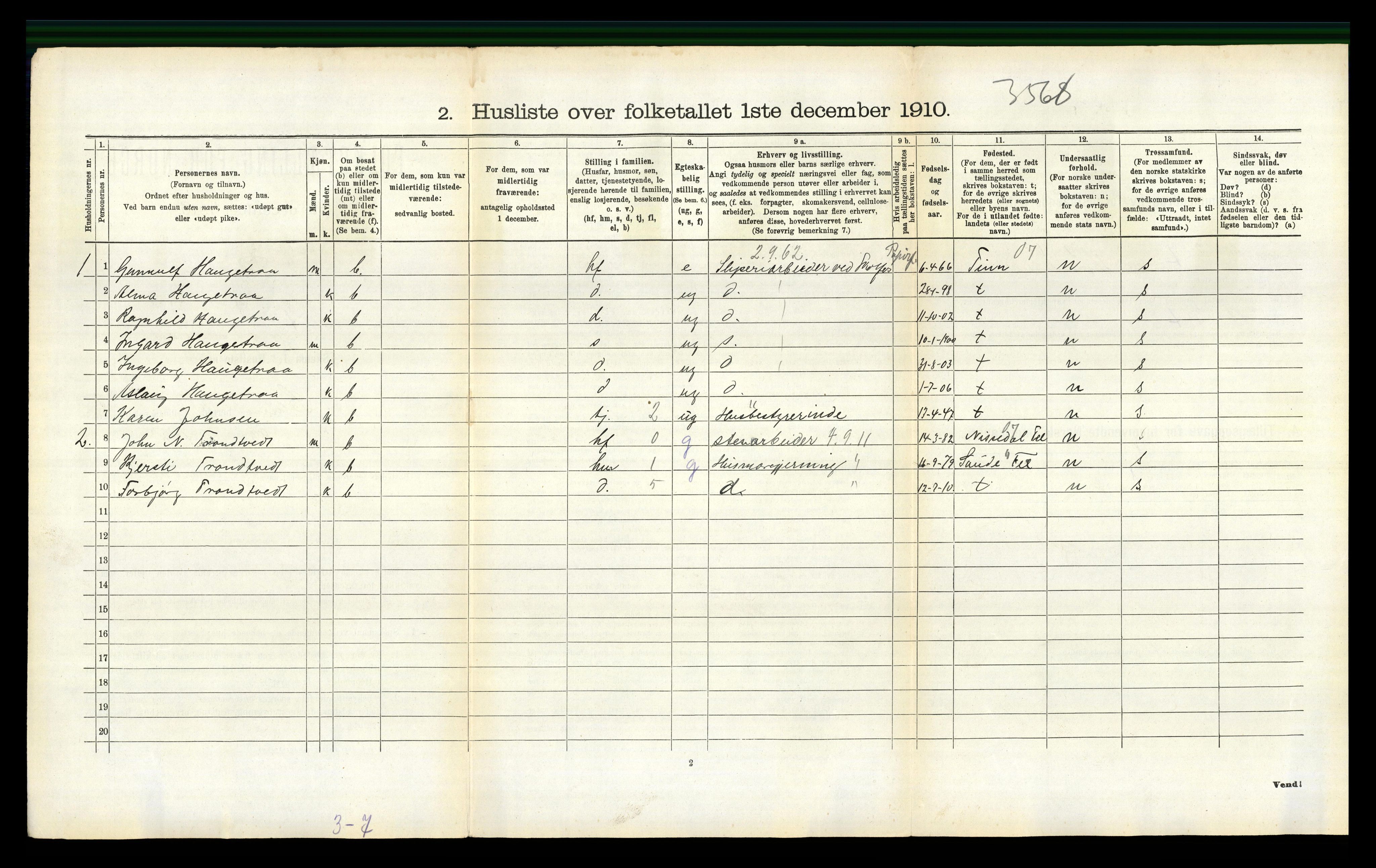 RA, 1910 census for Solum, 1910, p. 308