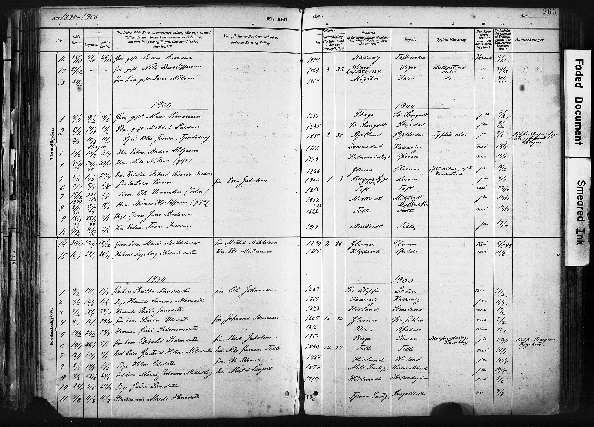 Sund sokneprestembete, AV/SAB-A-99930: Parish register (official) no. B 1, 1882-1907, p. 265