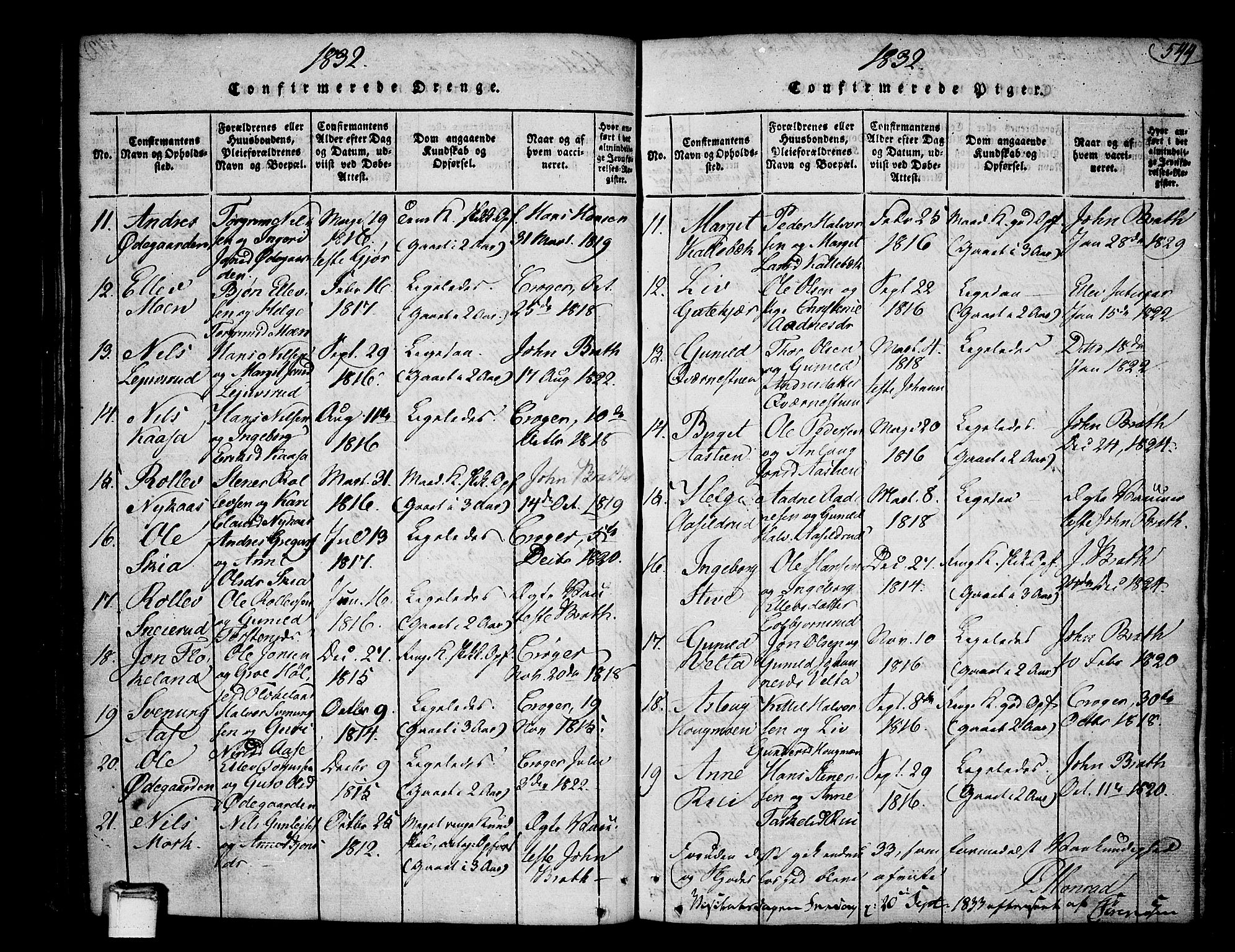 Heddal kirkebøker, AV/SAKO-A-268/F/Fa/L0005: Parish register (official) no. I 5, 1814-1837, p. 543-544