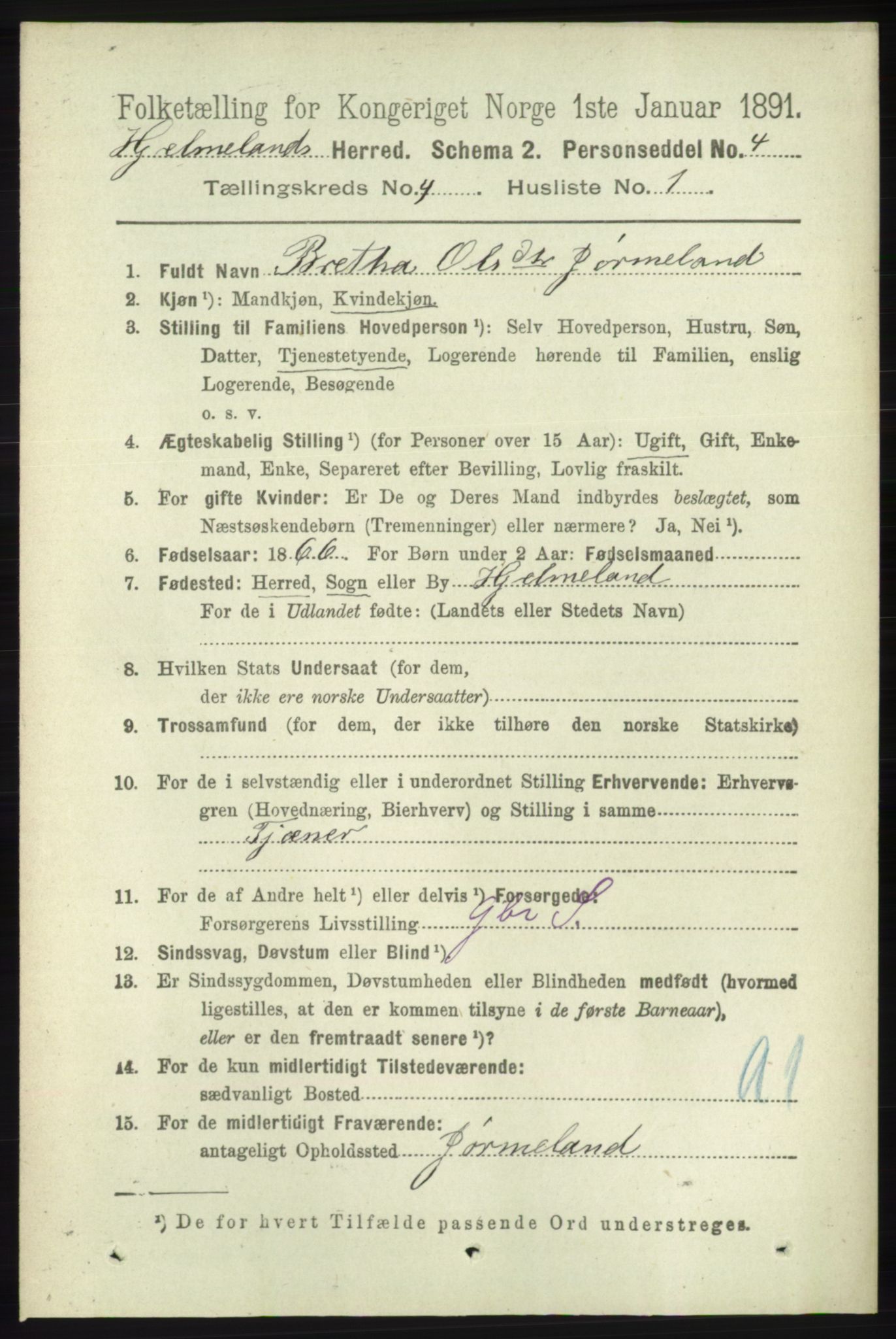 RA, 1891 census for 1133 Hjelmeland, 1891, p. 1003