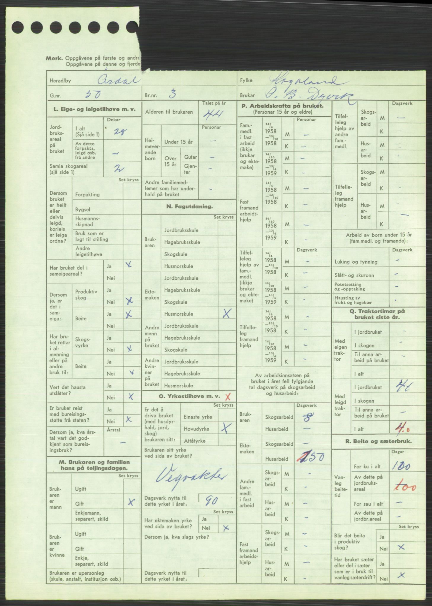 Statistisk sentralbyrå, Næringsøkonomiske emner, Jordbruk, skogbruk, jakt, fiske og fangst, AV/RA-S-2234/G/Gd/L0373: Rogaland: 1130 Strand (kl. 1-2), 1131 Årdal og 1132 Fister, 1959, p. 1175