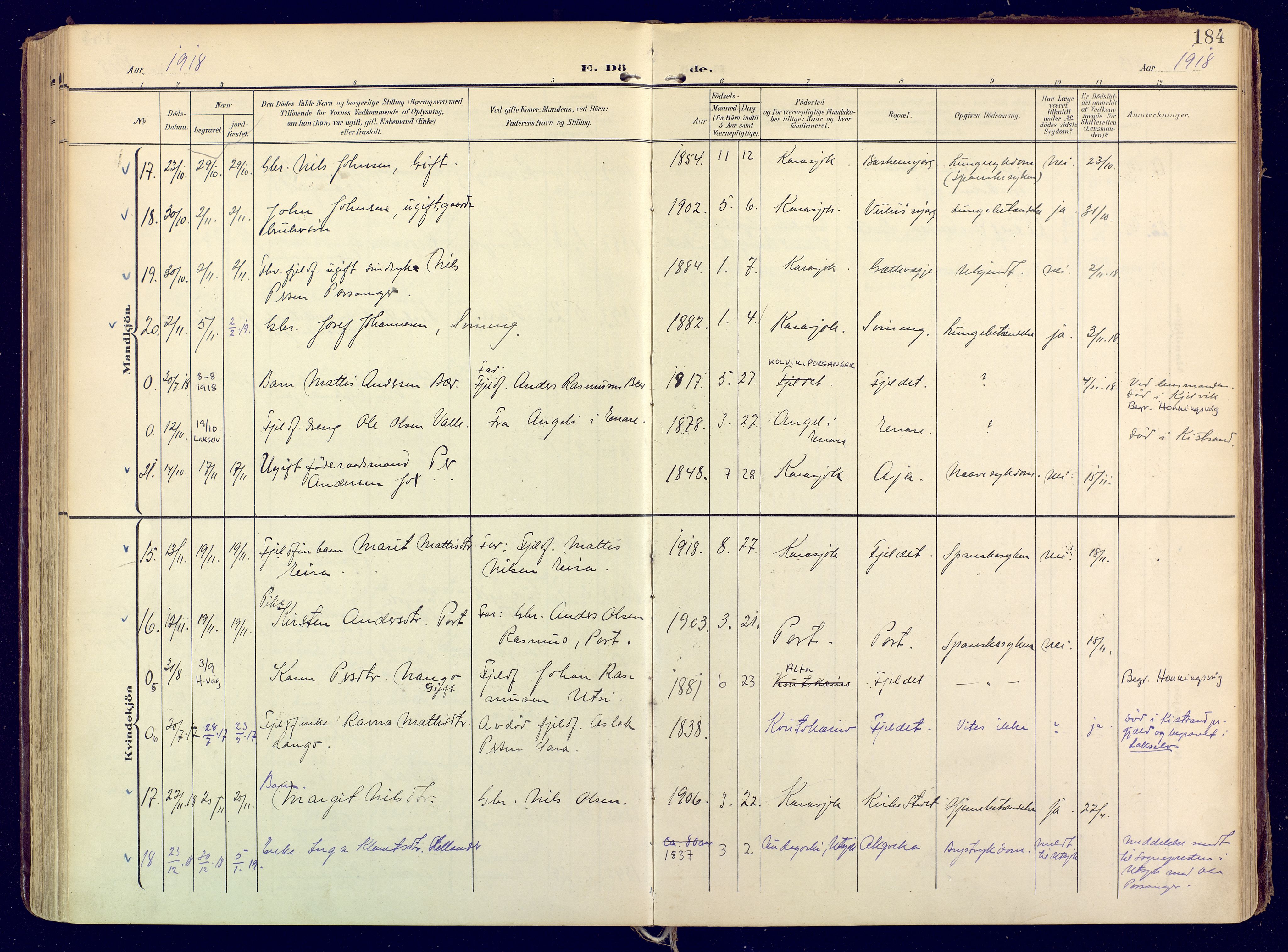 Karasjok sokneprestkontor, SATØ/S-1352/H/Ha: Parish register (official) no. 3, 1907-1926, p. 184