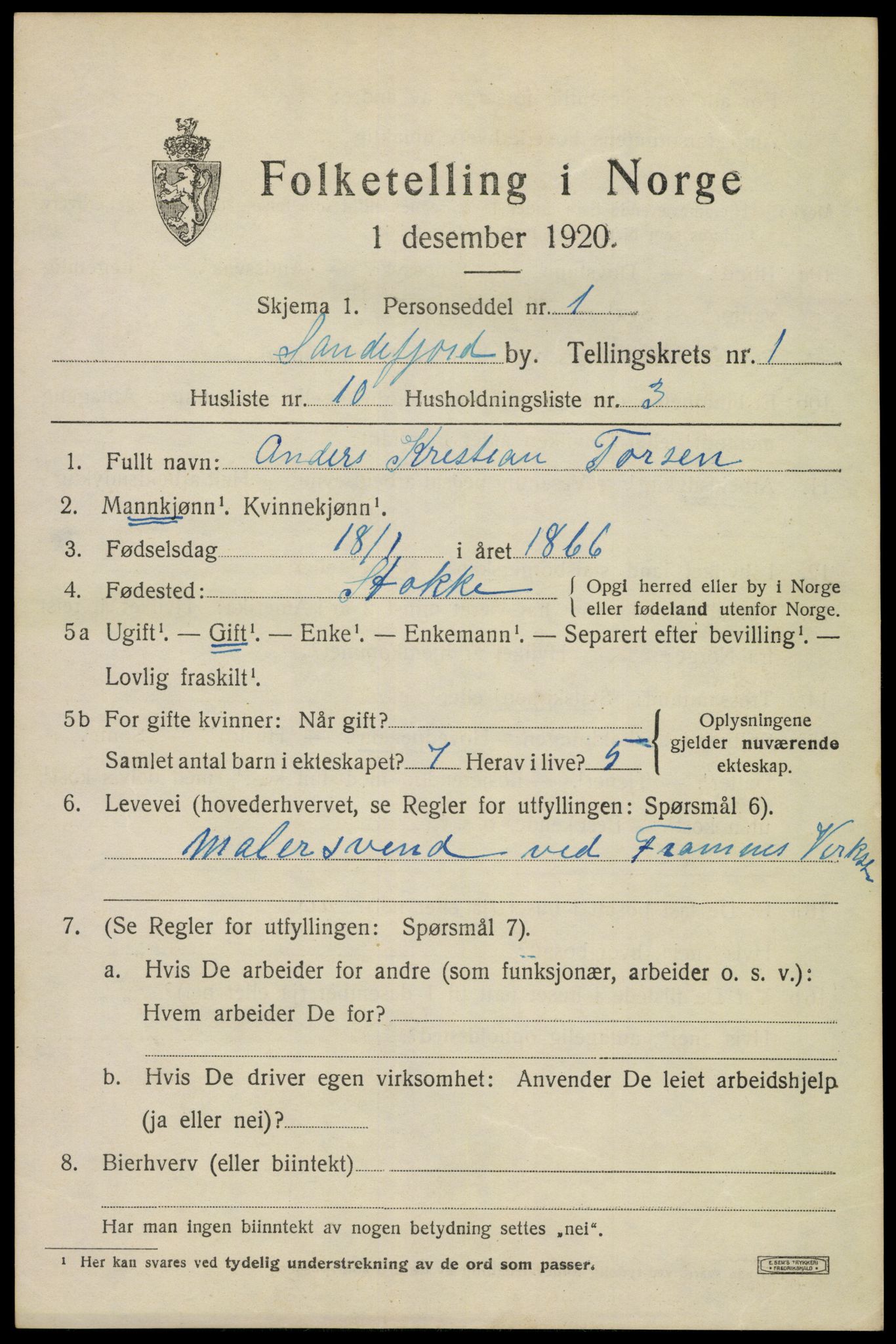 SAKO, 1920 census for Sandefjord, 1920, p. 4318