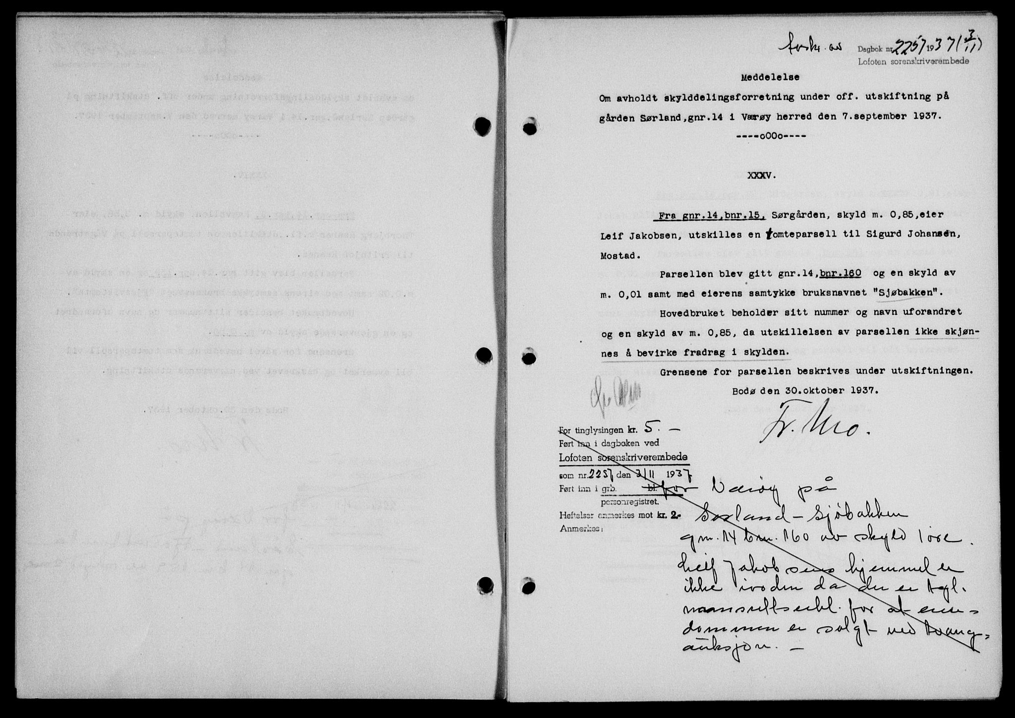 Lofoten sorenskriveri, SAT/A-0017/1/2/2C/L0003a: Mortgage book no. 3a, 1937-1938, Diary no: : 2257/1937
