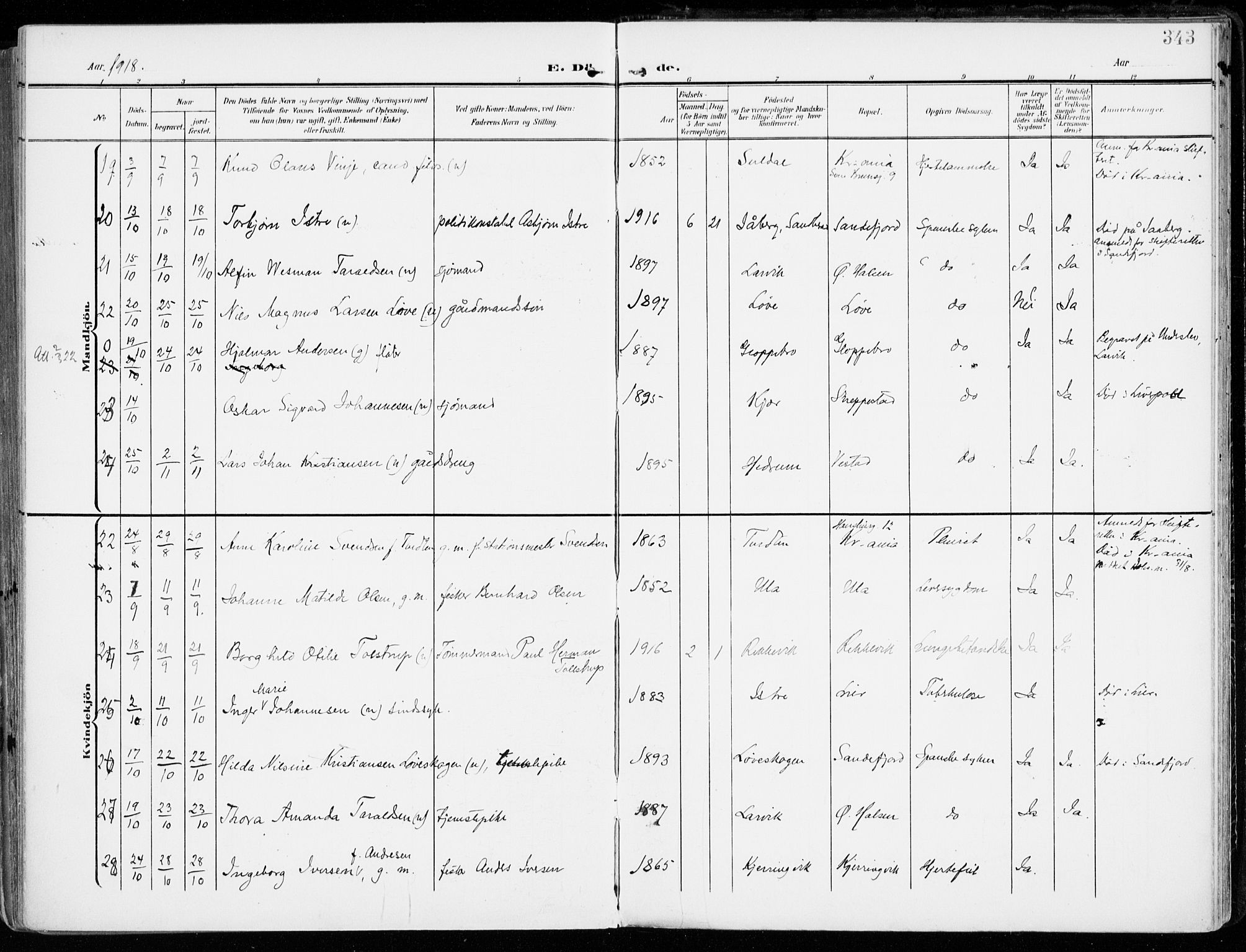 Tjølling kirkebøker, AV/SAKO-A-60/F/Fa/L0010: Parish register (official) no. 10, 1906-1923, p. 343