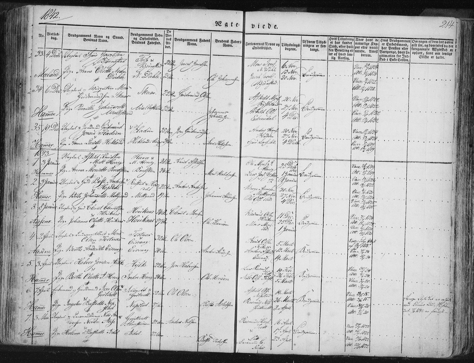 Hamre sokneprestembete, SAB/A-75501/H/Ha/Haa/Haaa/L0012: Parish register (official) no. A 12, 1834-1845, p. 214