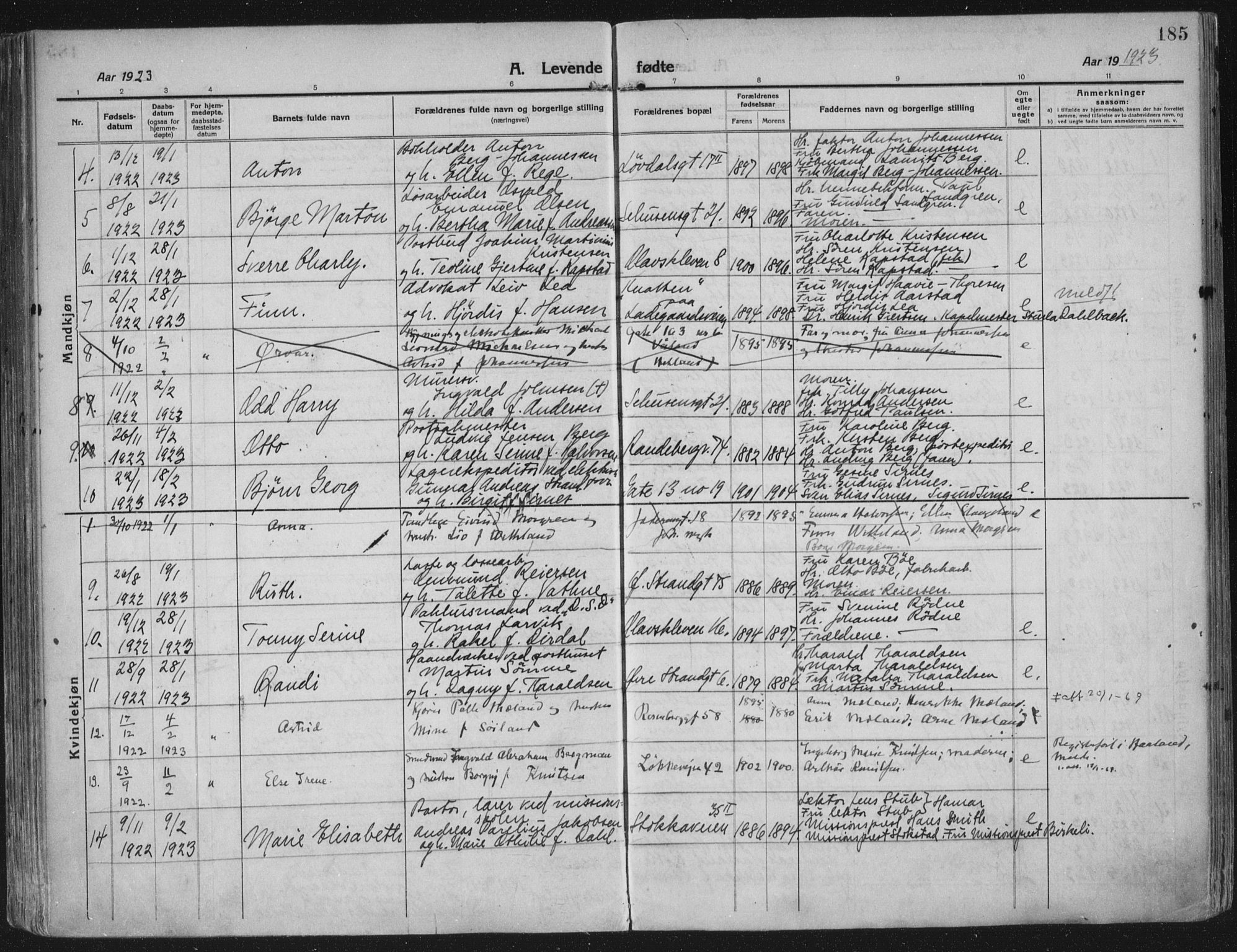 Domkirken sokneprestkontor, SAST/A-101812/002/A/L0018: Parish register (official) no. A 34, 1915-1929, p. 185