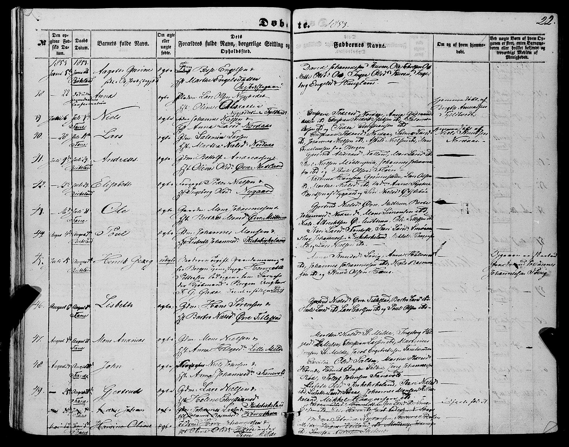 Fana Sokneprestembete, AV/SAB-A-75101/H/Haa/Haaa/L0011: Parish register (official) no. A 11, 1851-1862, p. 22