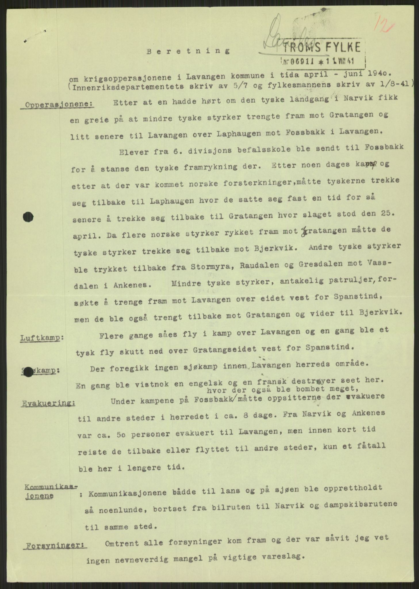 Forsvaret, Forsvarets krigshistoriske avdeling, AV/RA-RAFA-2017/Y/Ya/L0017: II-C-11-31 - Fylkesmenn.  Rapporter om krigsbegivenhetene 1940., 1940, p. 629