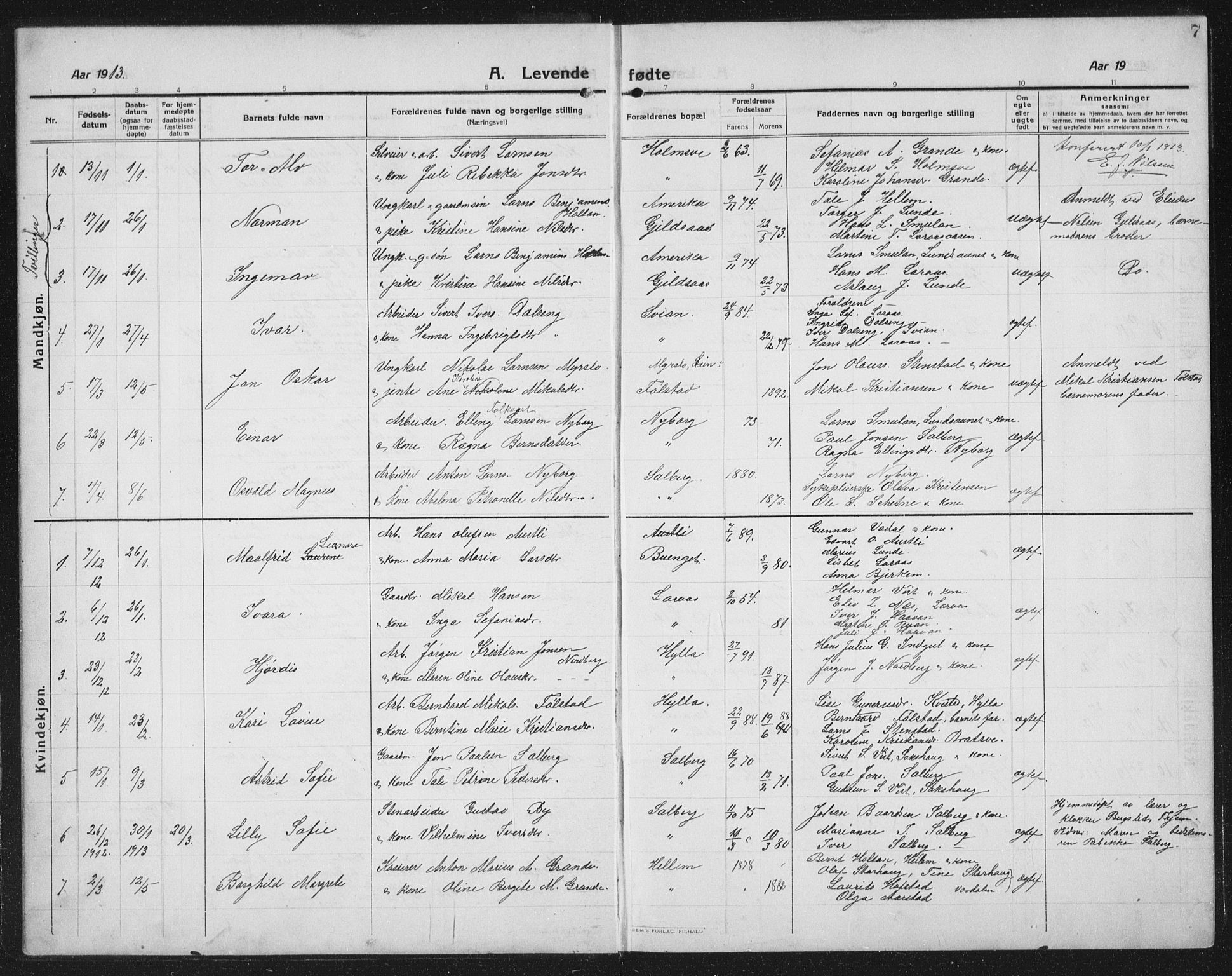Ministerialprotokoller, klokkerbøker og fødselsregistre - Nord-Trøndelag, SAT/A-1458/731/L0312: Parish register (copy) no. 731C03, 1911-1935, p. 7