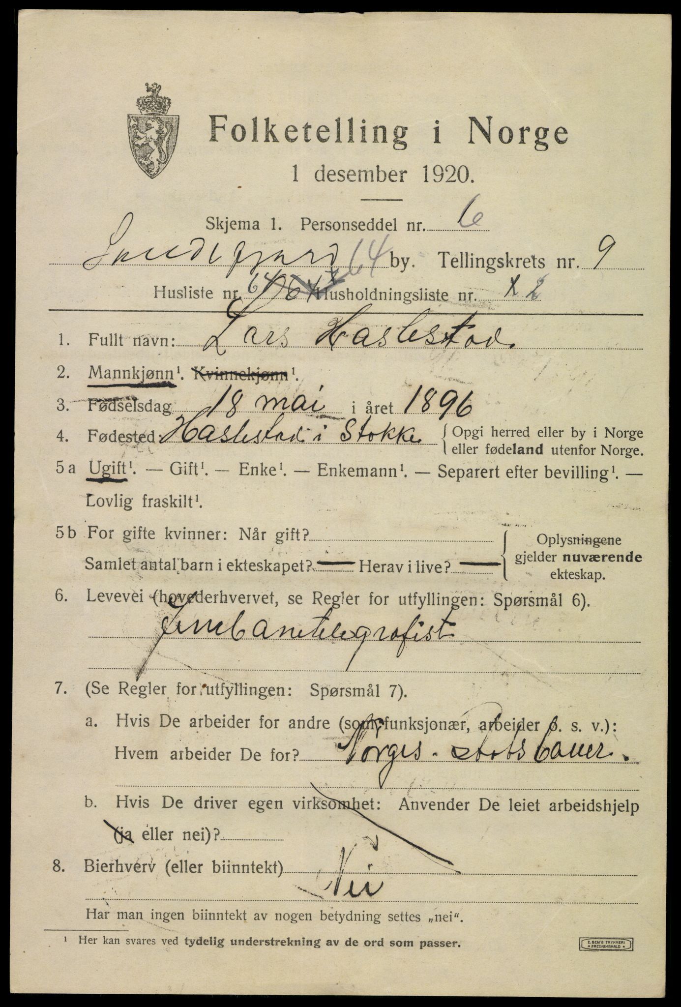 SAKO, 1920 census for Sandefjord, 1920, p. 14054