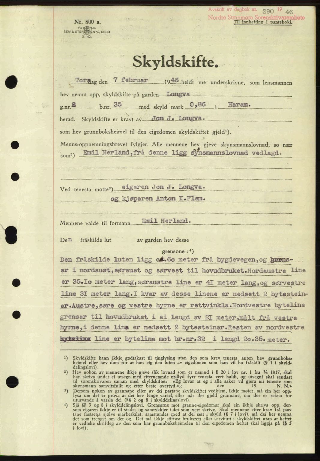 Nordre Sunnmøre sorenskriveri, AV/SAT-A-0006/1/2/2C/2Ca: Mortgage book no. A20b, 1946-1946, Diary no: : 290/1946