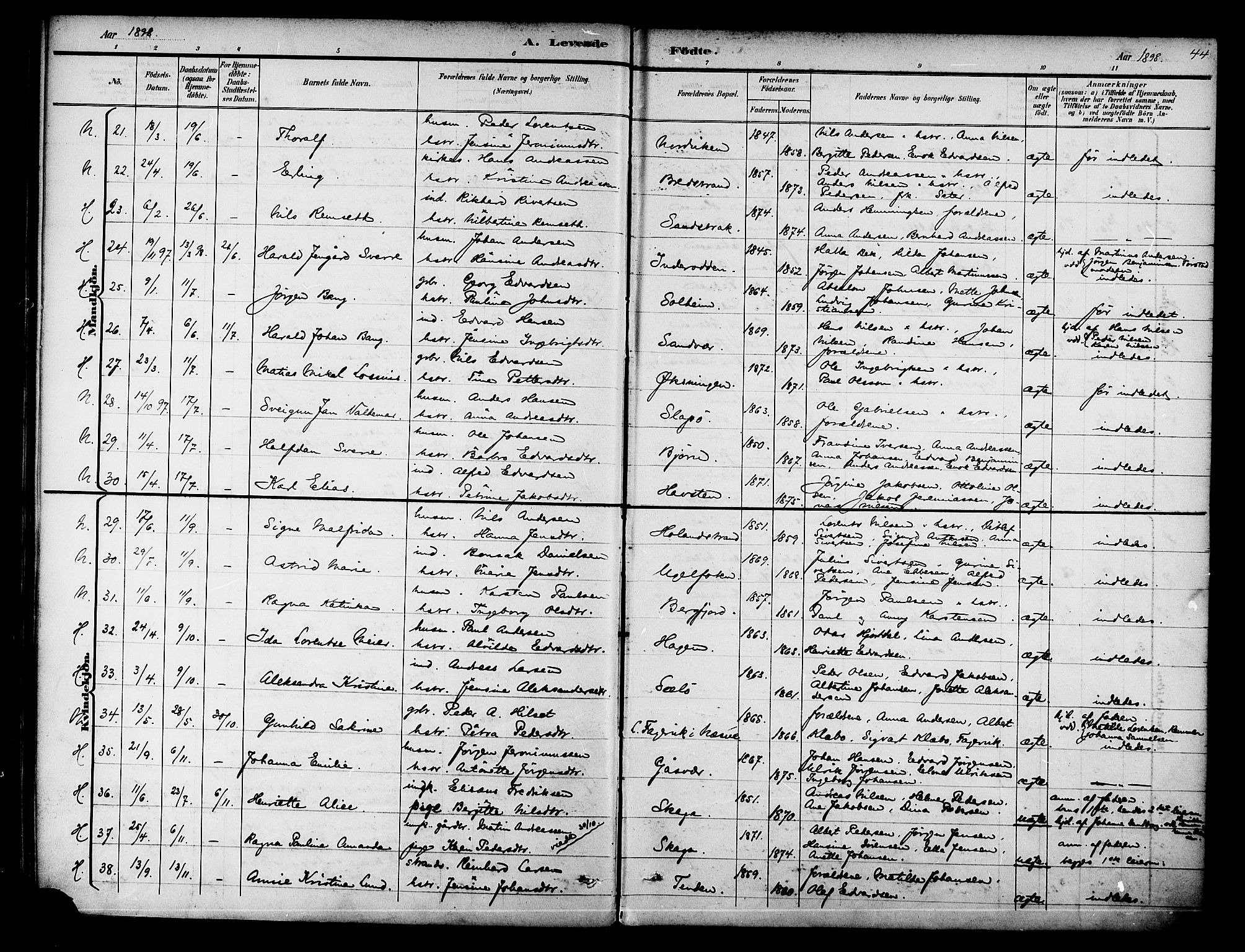 Ministerialprotokoller, klokkerbøker og fødselsregistre - Nordland, AV/SAT-A-1459/834/L0508: Parish register (official) no. 834A06, 1892-1901, p. 44