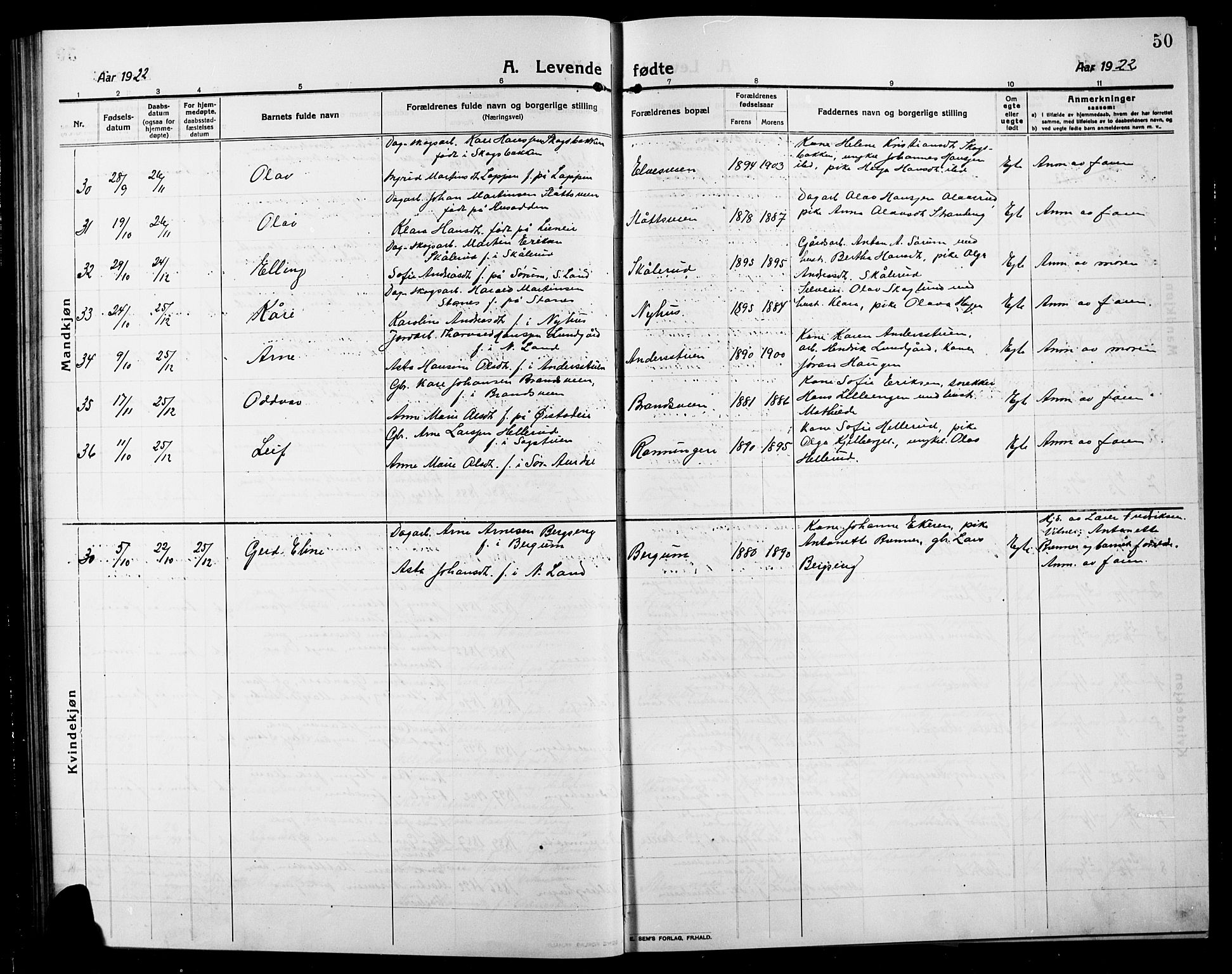 Søndre Land prestekontor, AV/SAH-PREST-122/L/L0006: Parish register (copy) no. 6, 1912-1925, p. 50