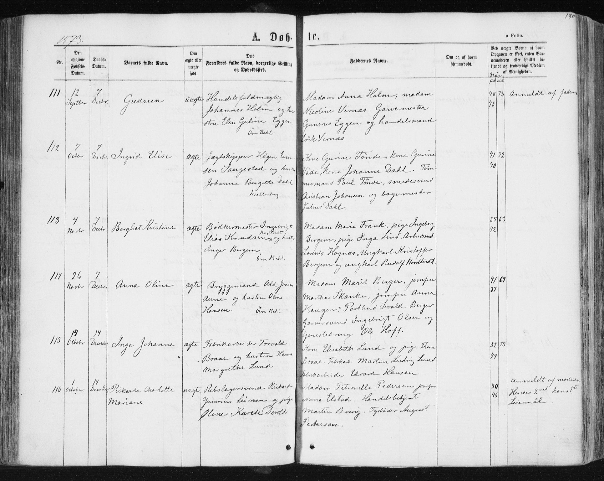 Ministerialprotokoller, klokkerbøker og fødselsregistre - Sør-Trøndelag, SAT/A-1456/604/L0186: Parish register (official) no. 604A07, 1866-1877, p. 180