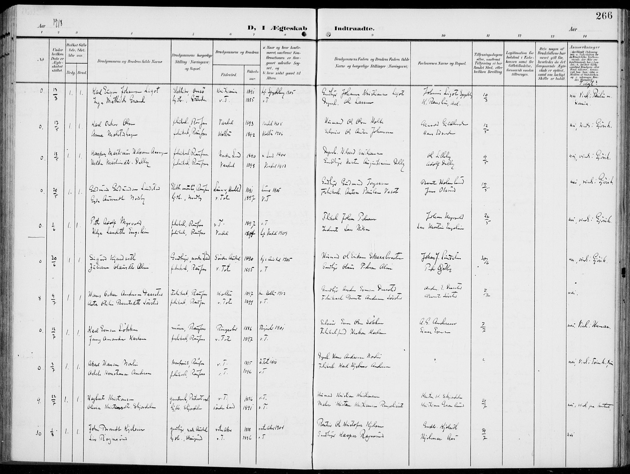 Vestre Toten prestekontor, AV/SAH-PREST-108/H/Ha/Haa/L0014: Parish register (official) no. 14, 1907-1920, p. 266