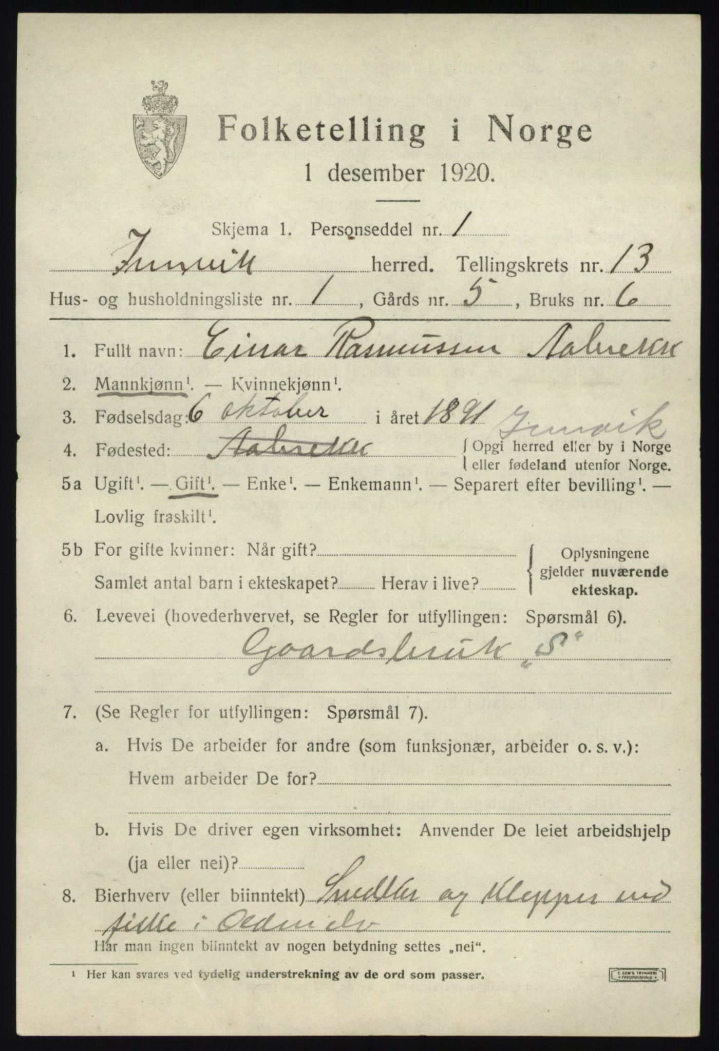 SAB, 1920 census for Innvik, 1920, p. 5127