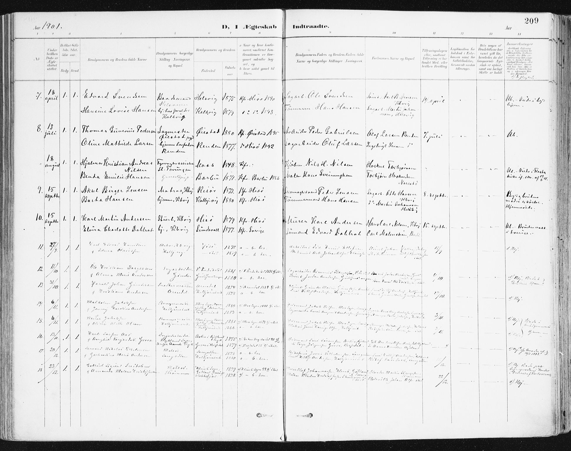 Hisøy sokneprestkontor, AV/SAK-1111-0020/F/Fa/L0004: Parish register (official) no. A 4, 1895-1917, p. 209