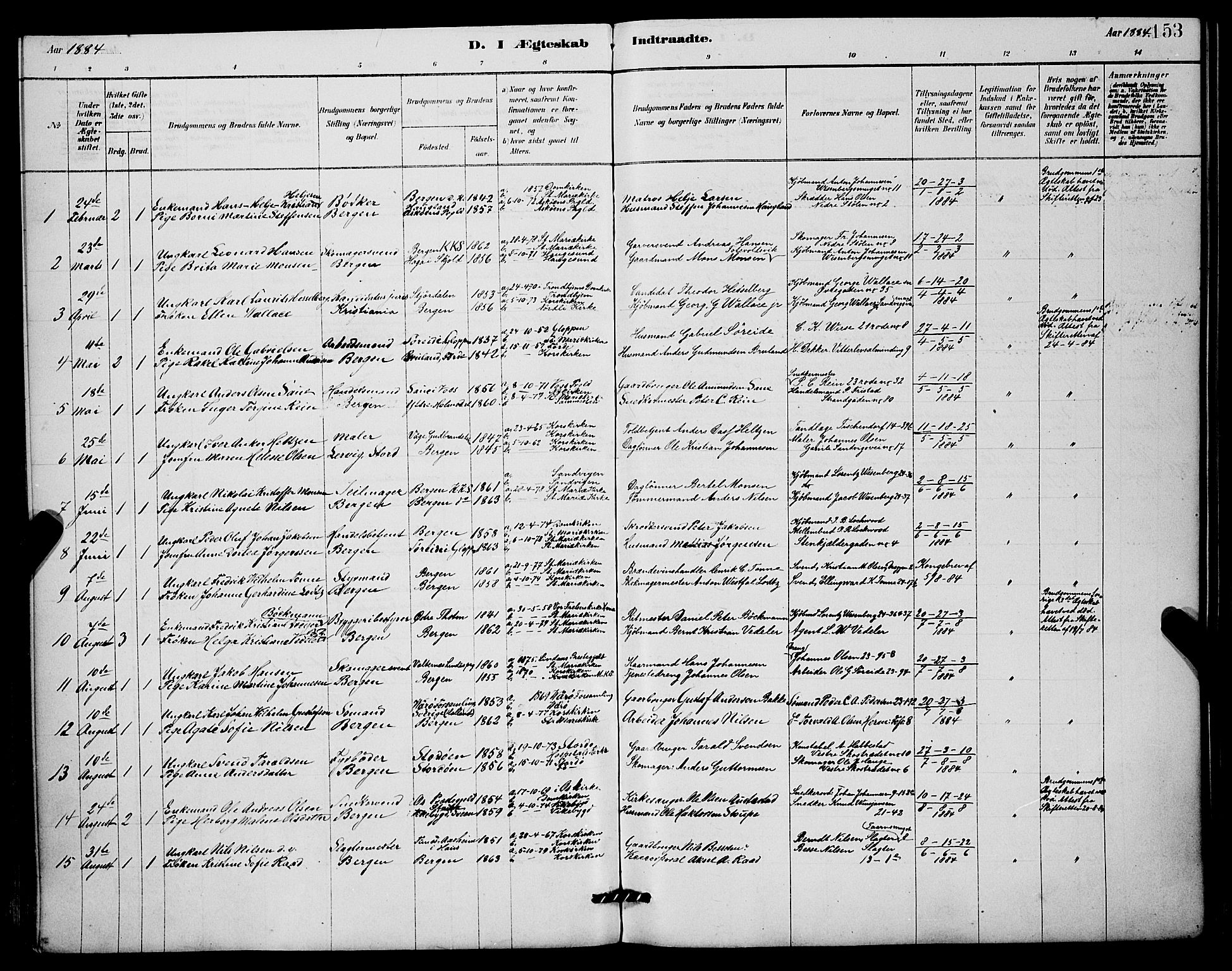Mariakirken Sokneprestembete, SAB/A-76901/H/Hab/L0004: Parish register (copy) no. A 4, 1878-1892, p. 153