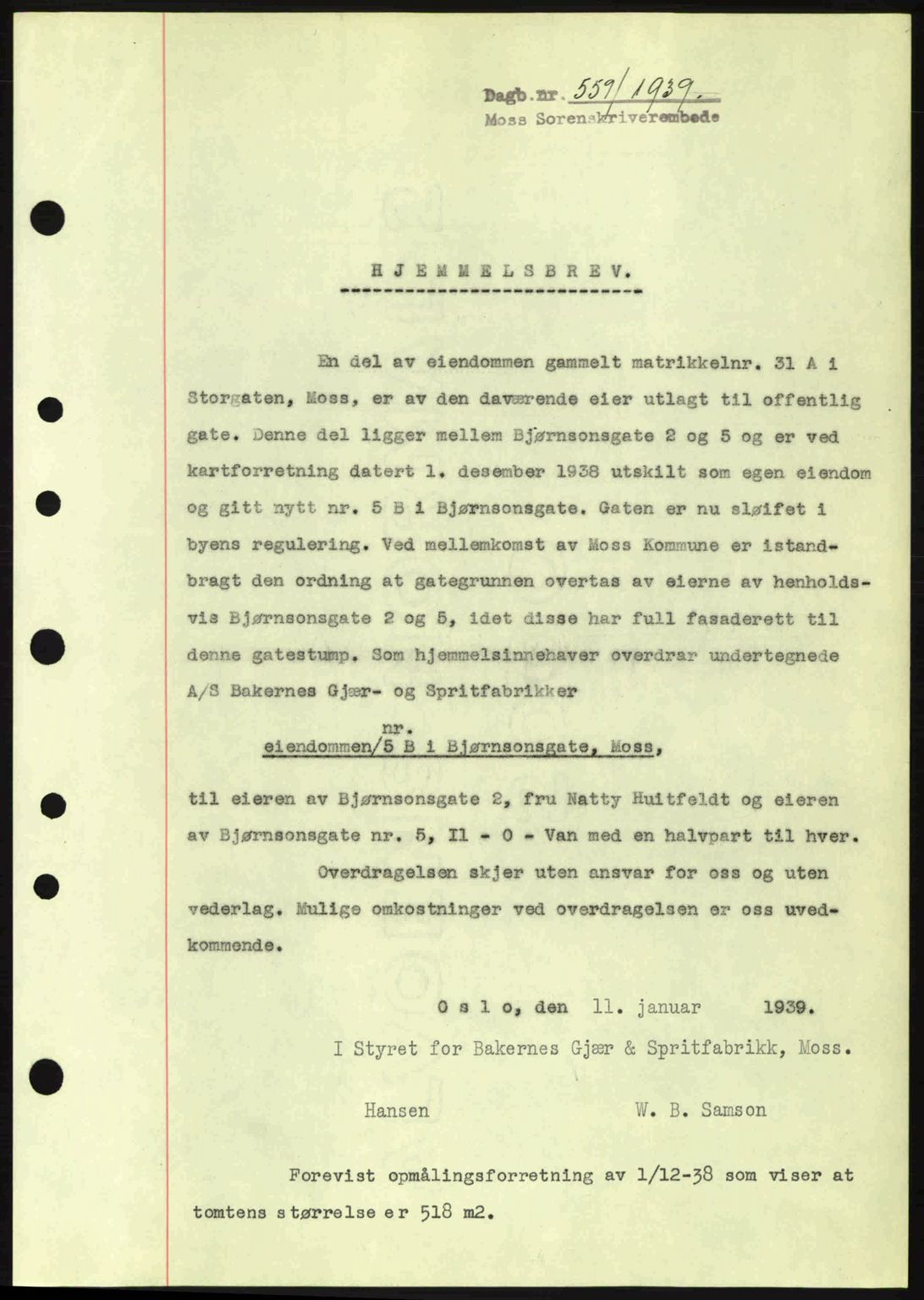 Moss sorenskriveri, SAO/A-10168: Mortgage book no. A5, 1938-1939, Diary no: : 559/1939