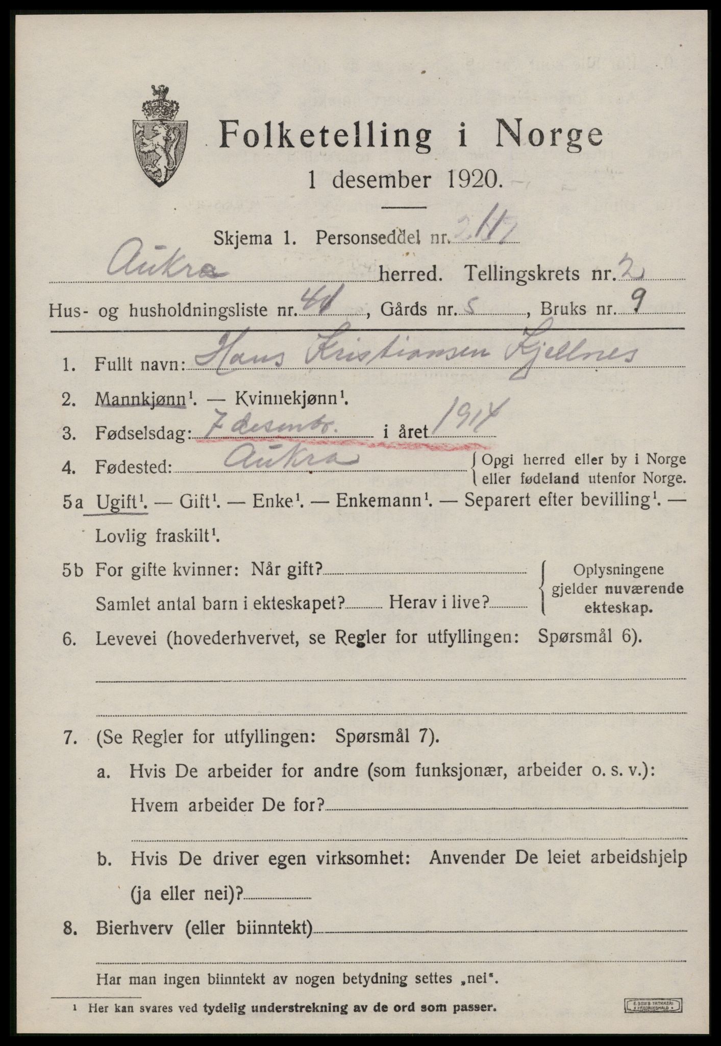 SAT, 1920 census for Aukra, 1920, p. 2133