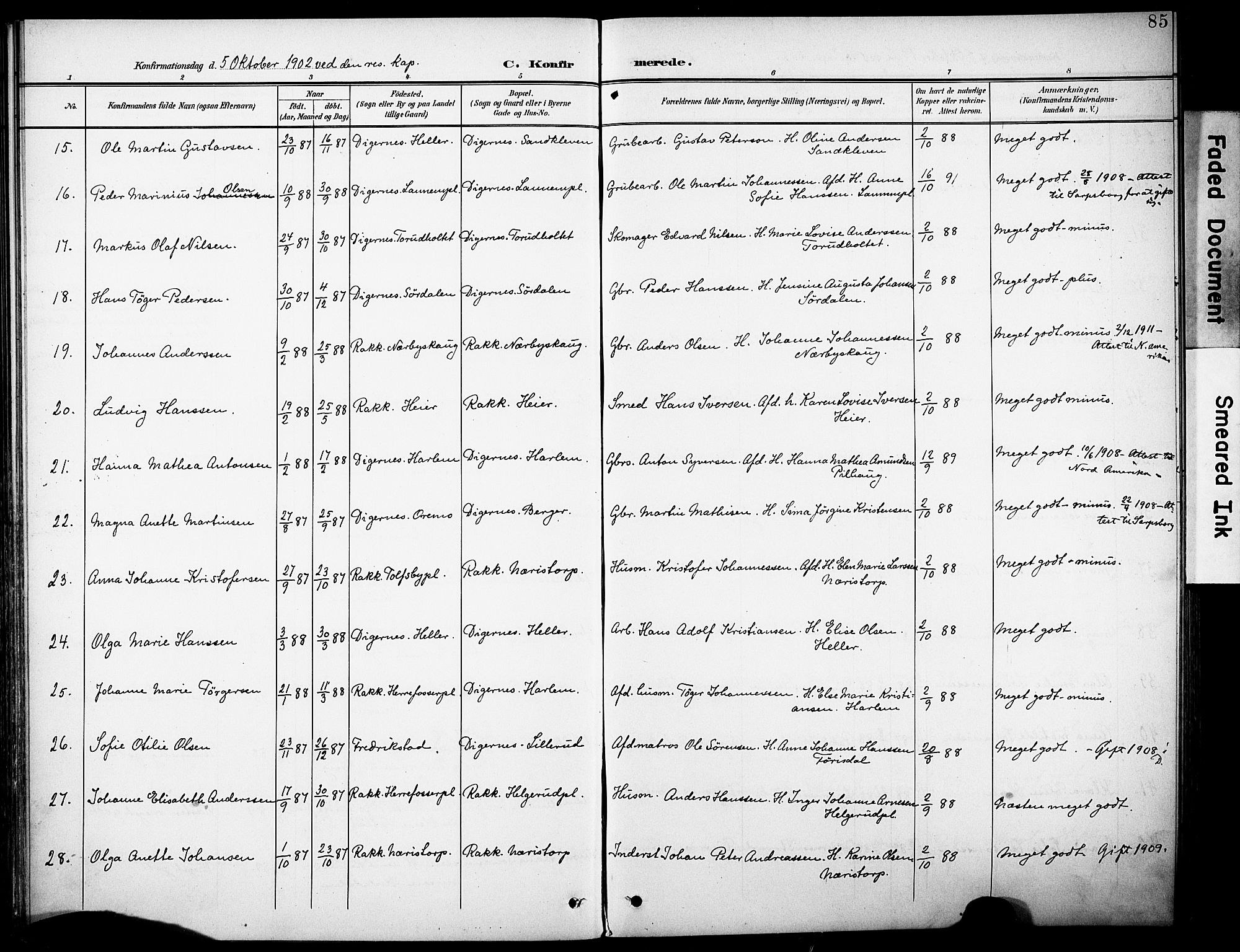 Rakkestad prestekontor Kirkebøker, AV/SAO-A-2008/F/Fb/L0002: Parish register (official) no. II 2, 1900-1920, p. 85