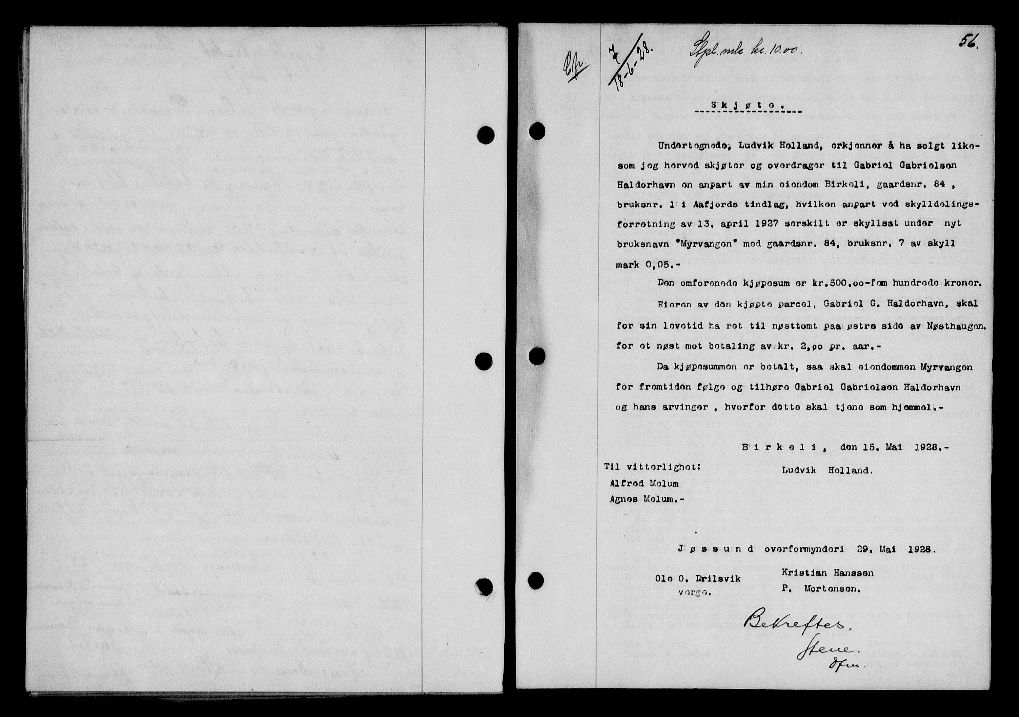 Fosen sorenskriveri, AV/SAT-A-1107/1/2/2C/L0067: Mortgage book no. 58, 1928-1929, p. 56, Deed date: 18.06.1928