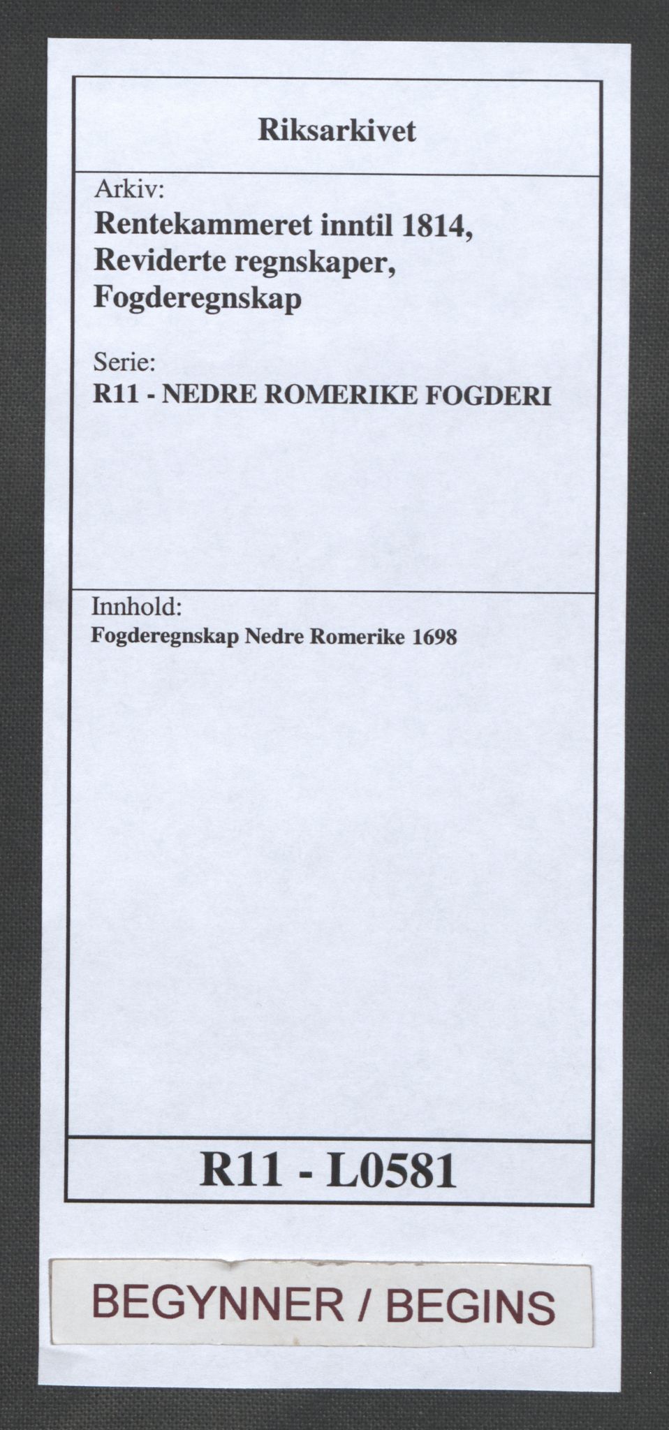 Rentekammeret inntil 1814, Reviderte regnskaper, Fogderegnskap, AV/RA-EA-4092/R11/L0581: Fogderegnskap Nedre Romerike, 1698, p. 1