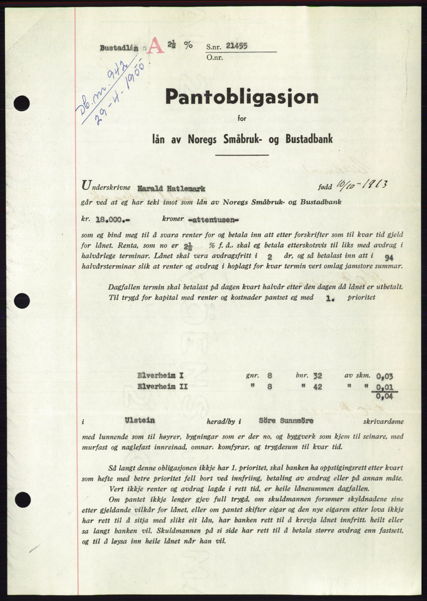 Søre Sunnmøre sorenskriveri, AV/SAT-A-4122/1/2/2C/L0126: Mortgage book no. 14B, 1954-1955, Diary no: : 942/1955