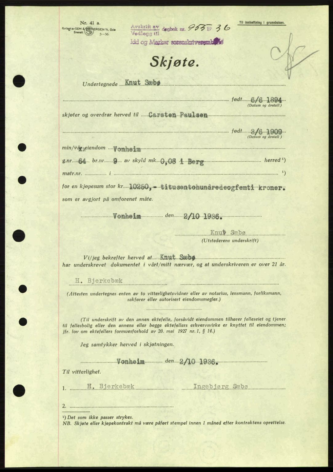 Idd og Marker sorenskriveri, AV/SAO-A-10283/G/Gb/Gbb/L0001: Mortgage book no. A1, 1936-1937, Diary no: : 955/1936