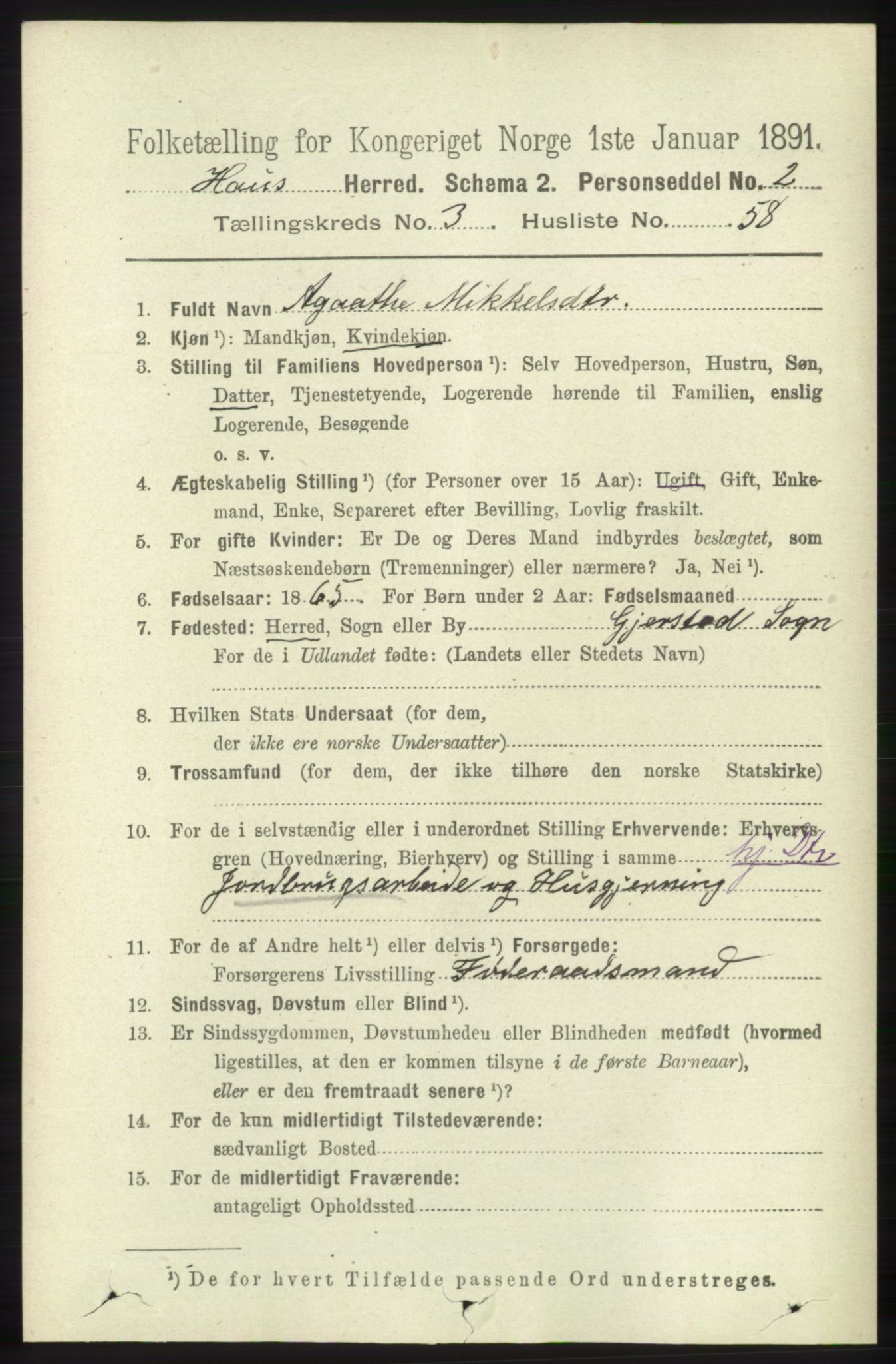 RA, 1891 census for 1250 Haus, 1891, p. 1327