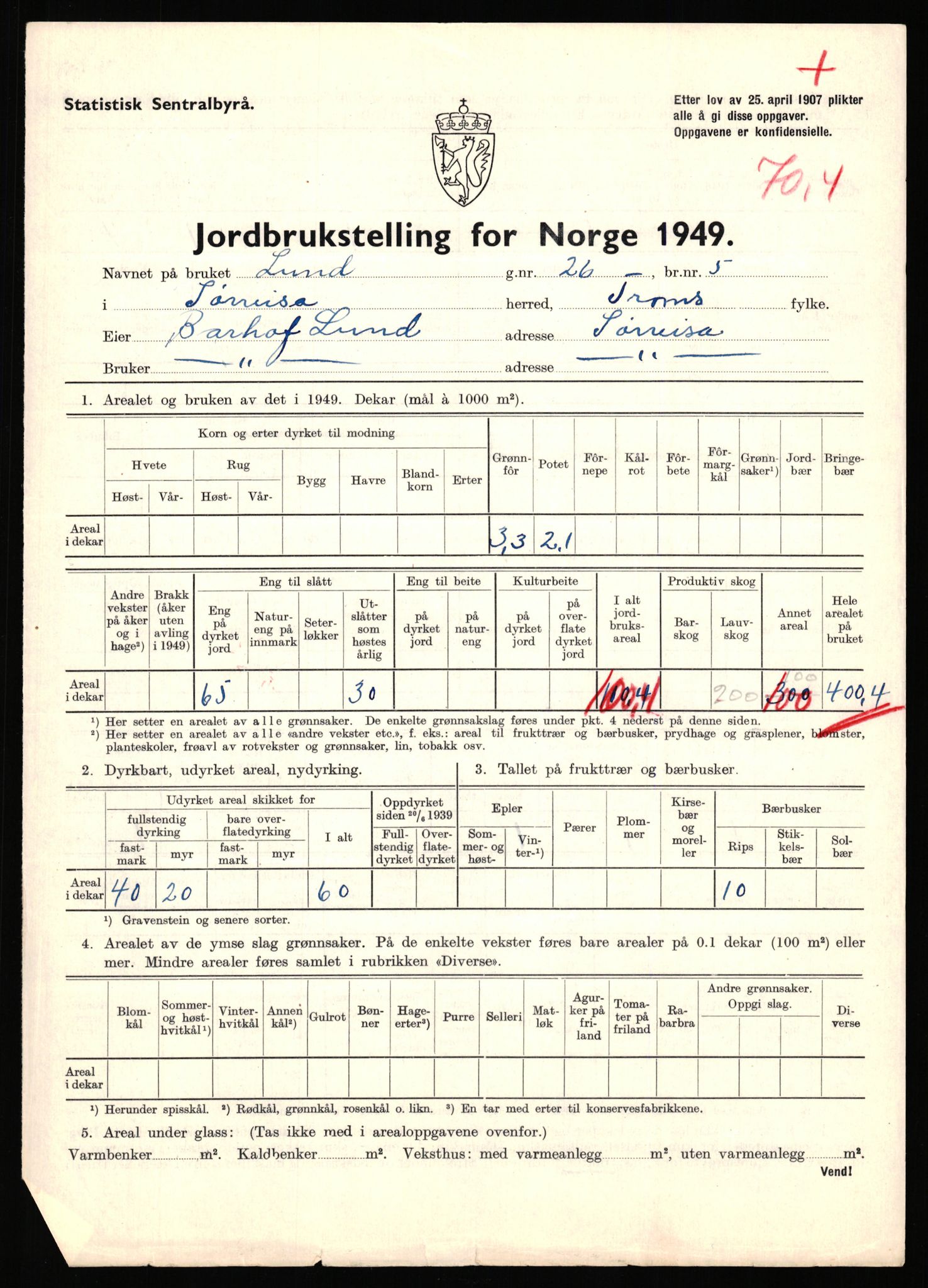 Statistisk sentralbyrå, Næringsøkonomiske emner, Jordbruk, skogbruk, jakt, fiske og fangst, AV/RA-S-2234/G/Gc/L0440: Troms: Sørreisa og Dyrøy, 1949, p. 848