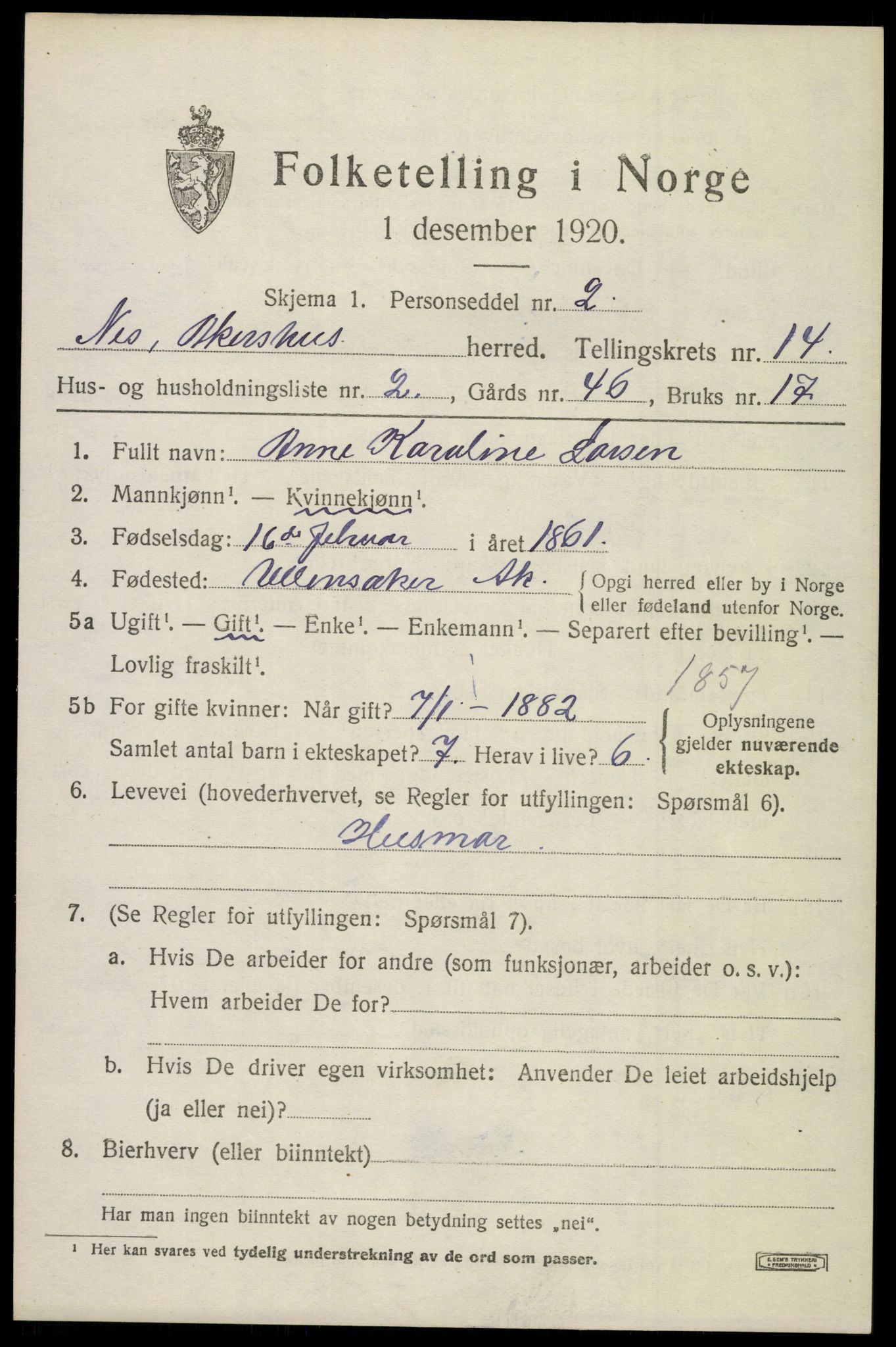 SAO, 1920 census for Nes, 1920, p. 13958