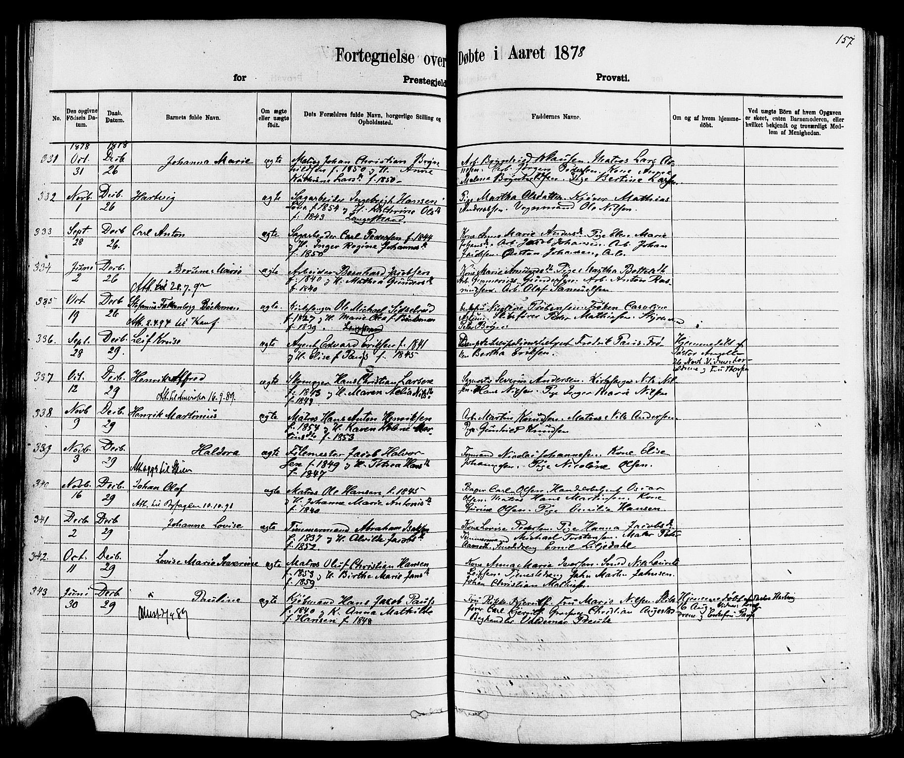 Larvik kirkebøker, AV/SAKO-A-352/F/Fa/L0006: Parish register (official) no. I 6, 1871-1883, p. 157