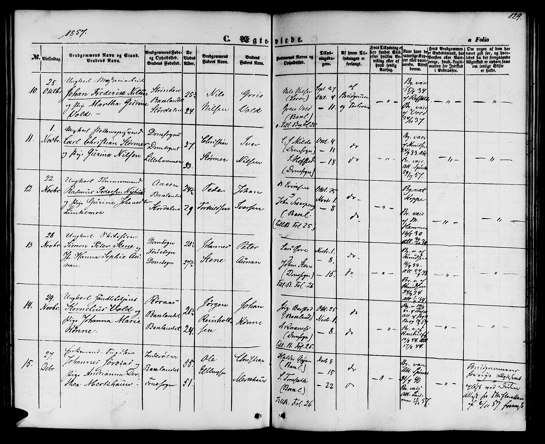 Ministerialprotokoller, klokkerbøker og fødselsregistre - Sør-Trøndelag, SAT/A-1456/604/L0184: Parish register (official) no. 604A05, 1851-1860, p. 129