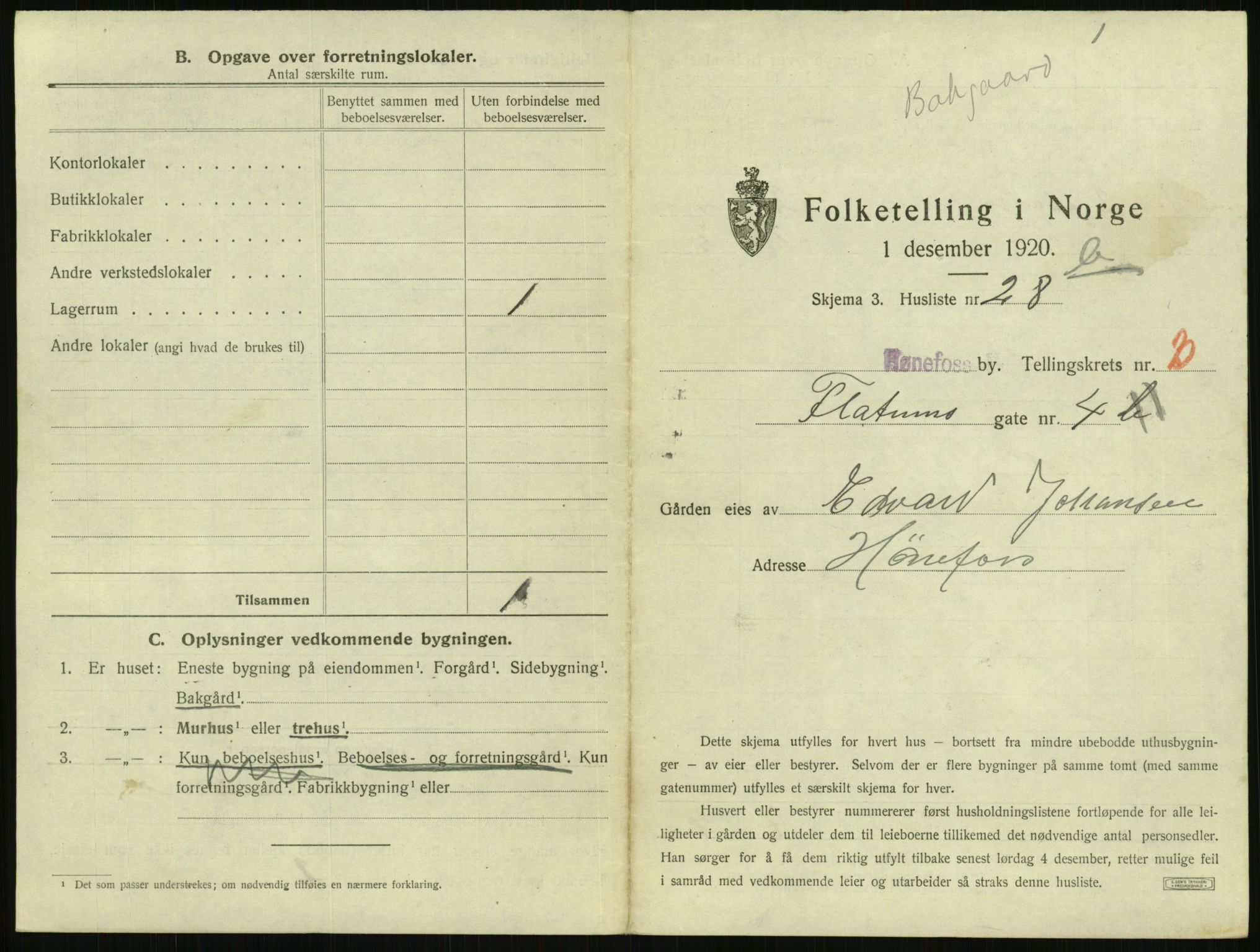 SAKO, 1920 census for Hønefoss, 1920, p. 454