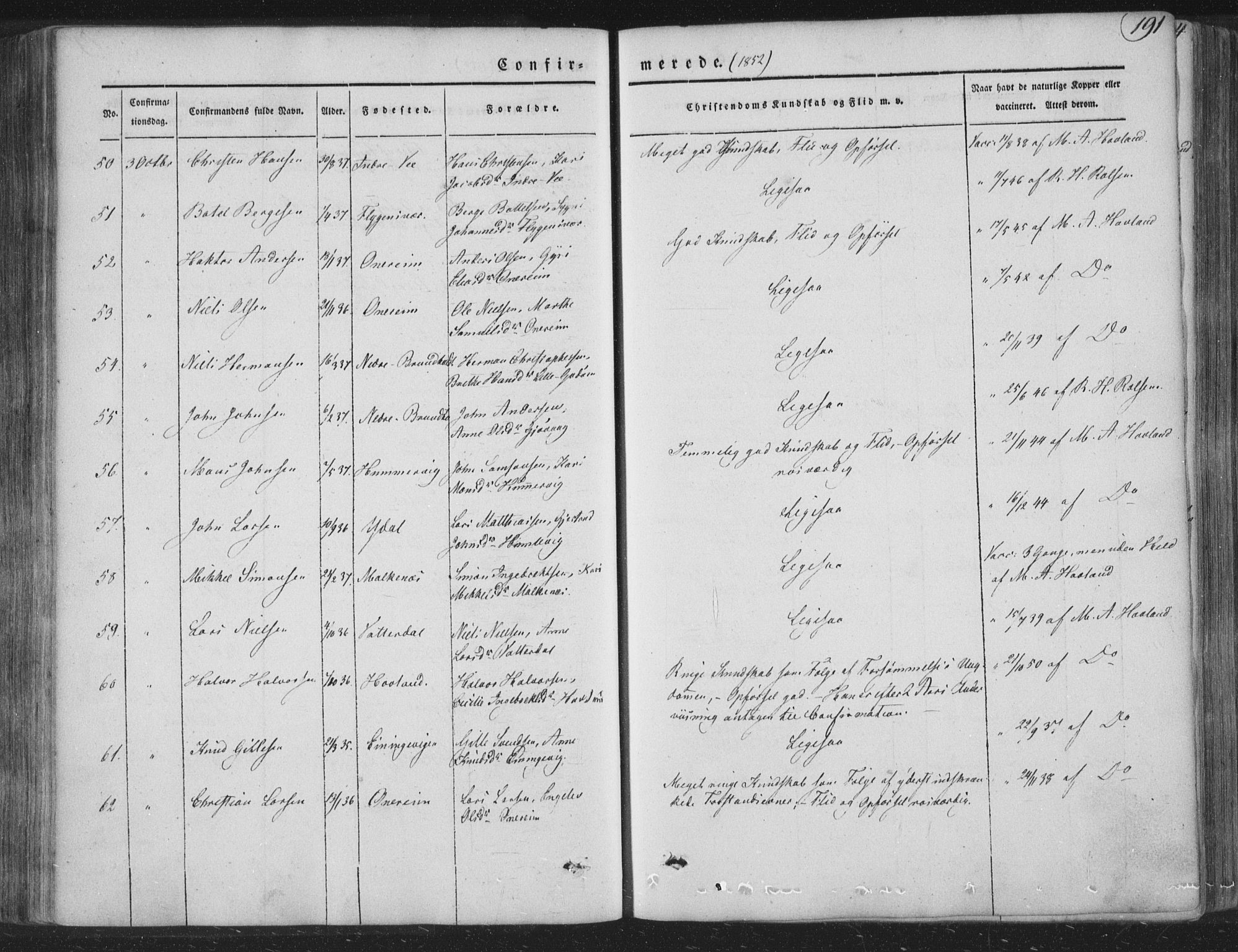 Tysnes sokneprestembete, AV/SAB-A-78601/H/Haa: Parish register (official) no. A 10, 1848-1859, p. 191