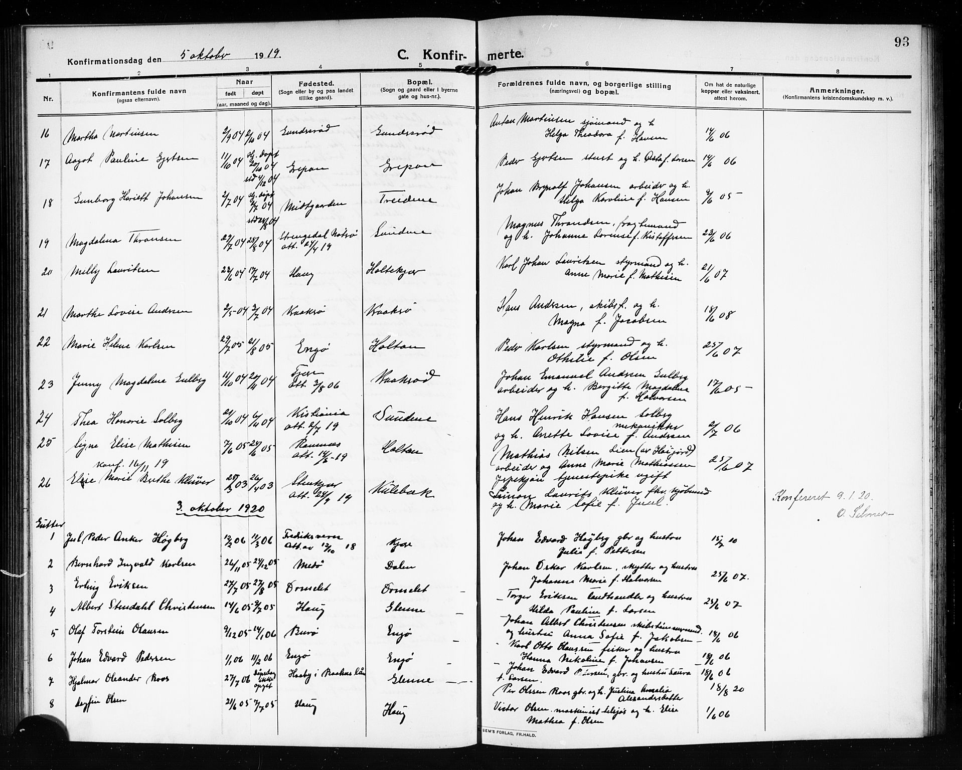 Tjøme kirkebøker, AV/SAKO-A-328/G/Ga/L0002: Parish register (copy) no. I 2, 1911-1920, p. 93