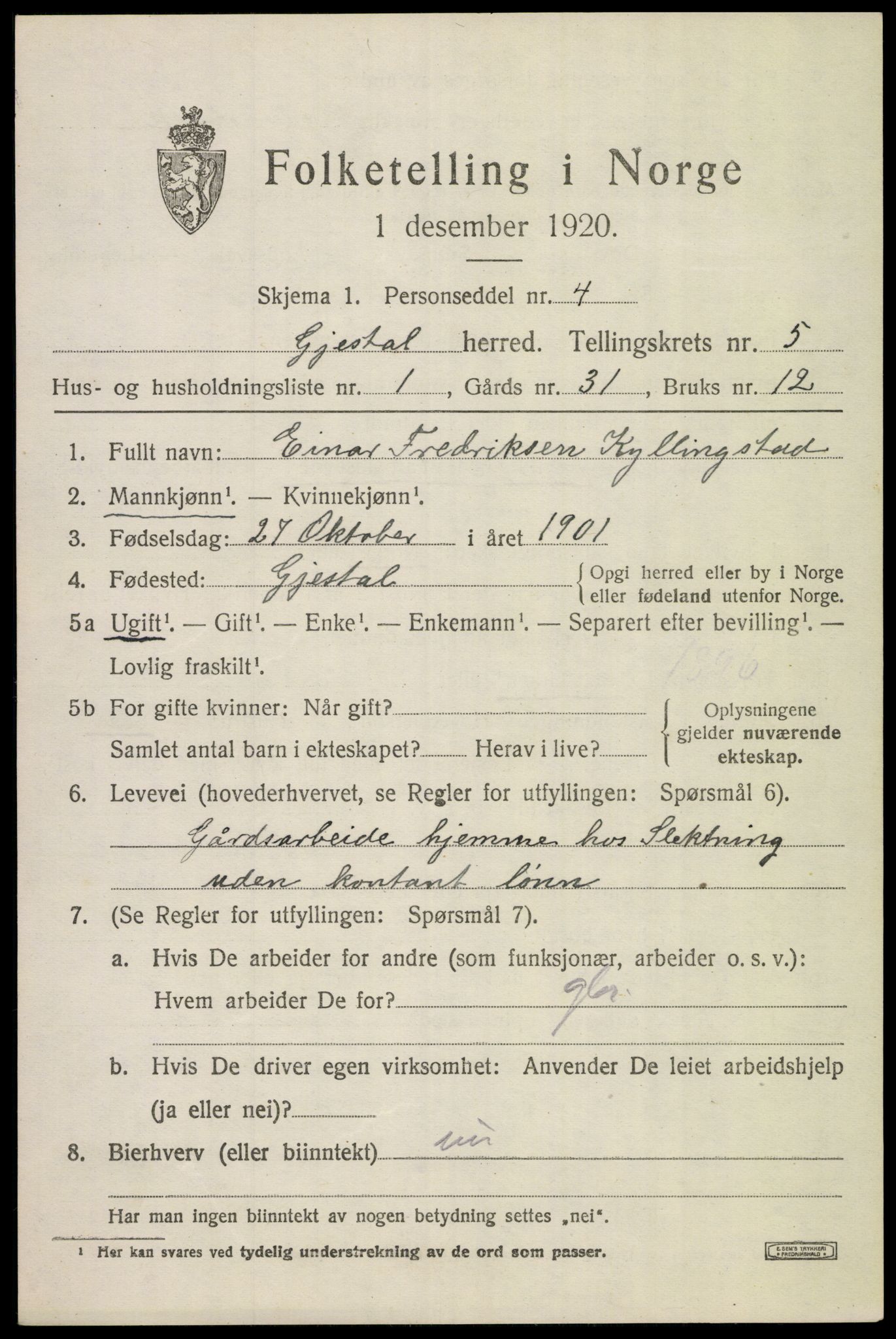 SAST, 1920 census for Gjesdal, 1920, p. 3106