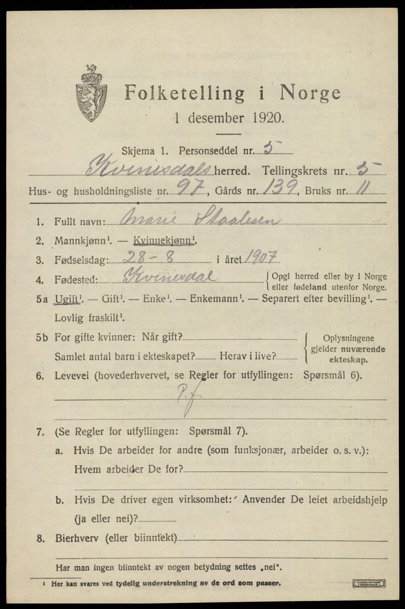 SAK, 1920 census for Kvinesdal, 1920, p. 6775