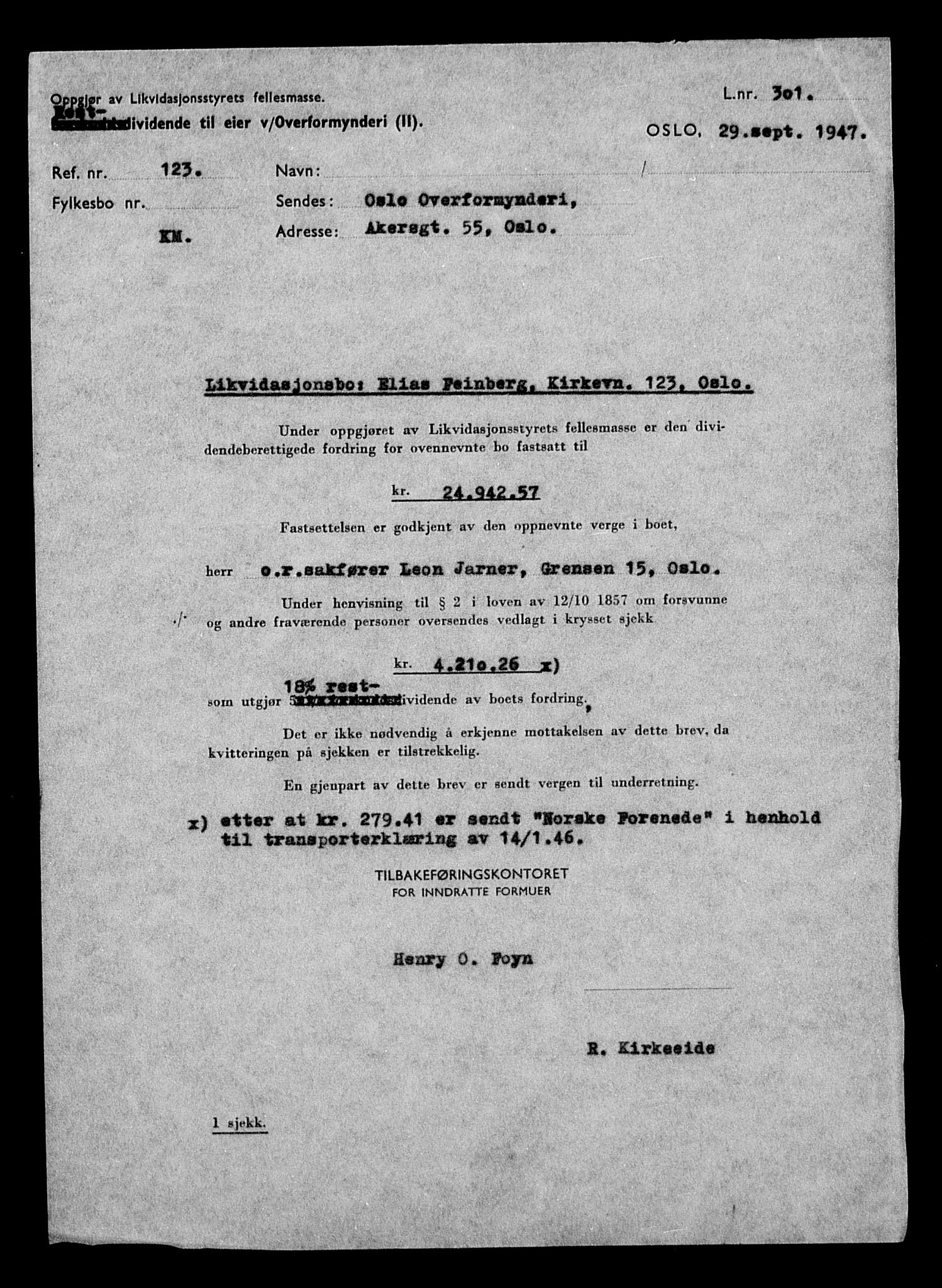 Justisdepartementet, Tilbakeføringskontoret for inndratte formuer, AV/RA-S-1564/H/Hc/Hcc/L0934: --, 1945-1947, p. 174