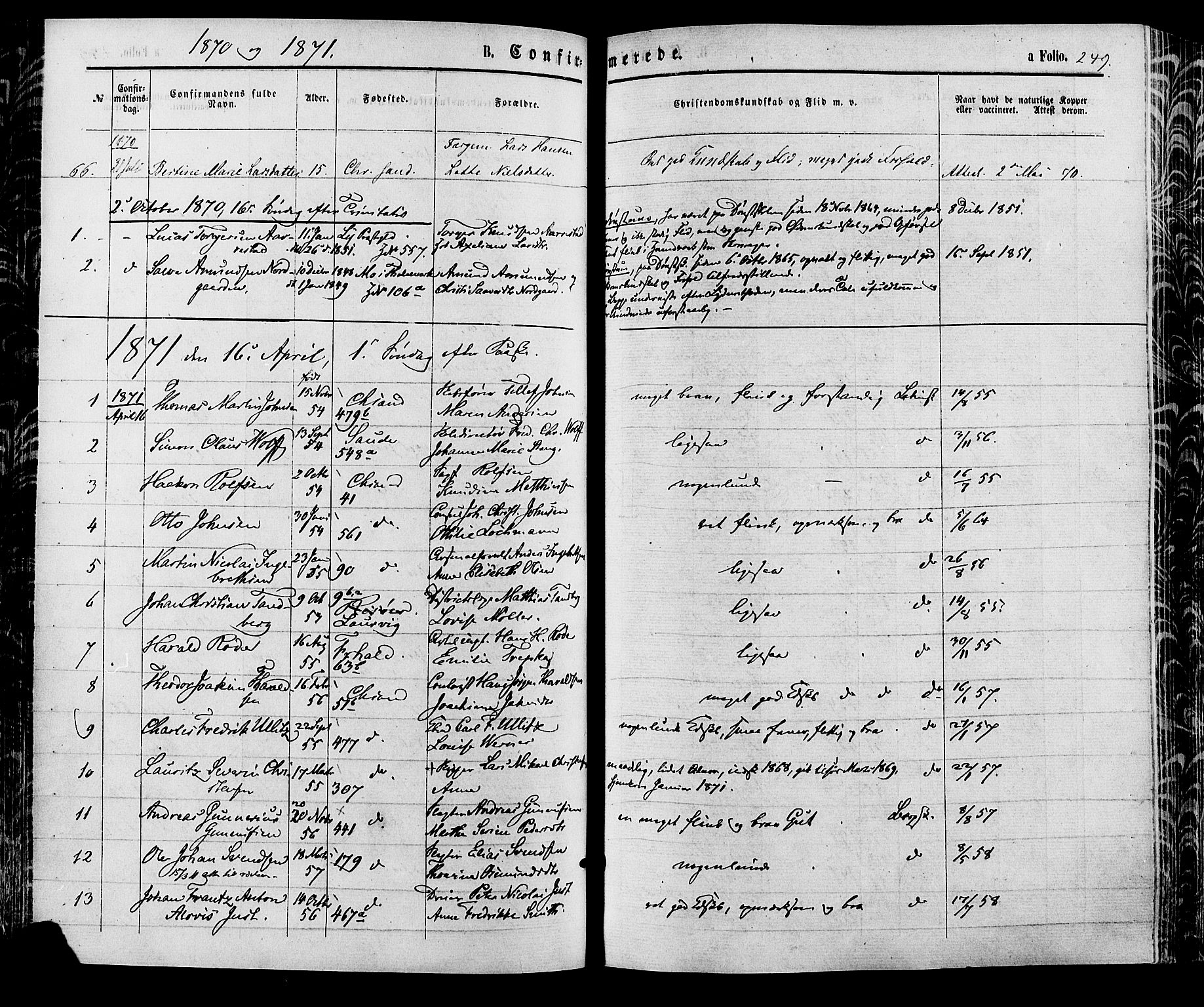 Kristiansand domprosti, AV/SAK-1112-0006/F/Fa/L0015: Parish register (official) no. A 15, 1867-1880, p. 249
