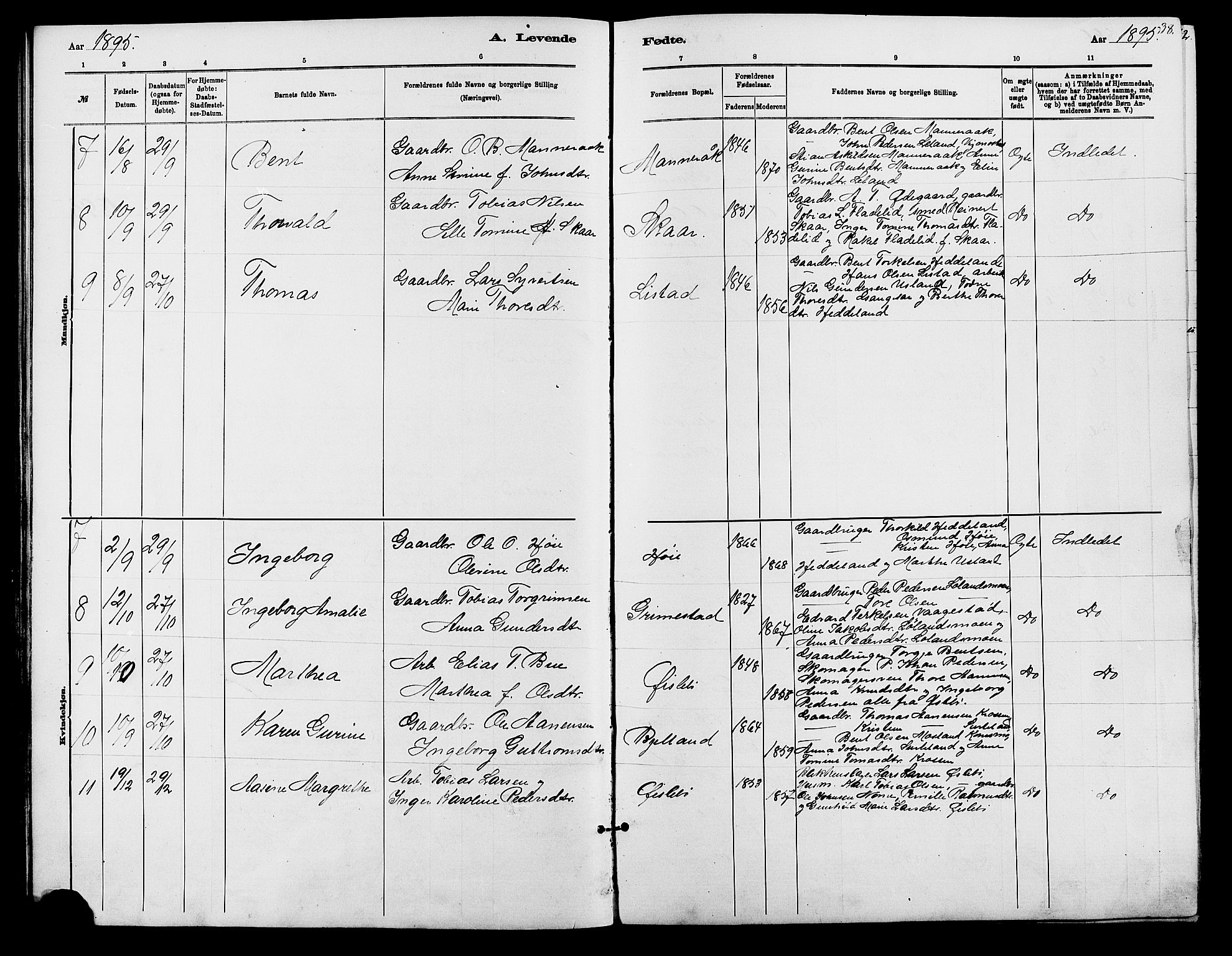 Holum sokneprestkontor, SAK/1111-0022/F/Fb/Fbc/L0003: Parish register (copy) no. B 3, 1882-1908, p. 38