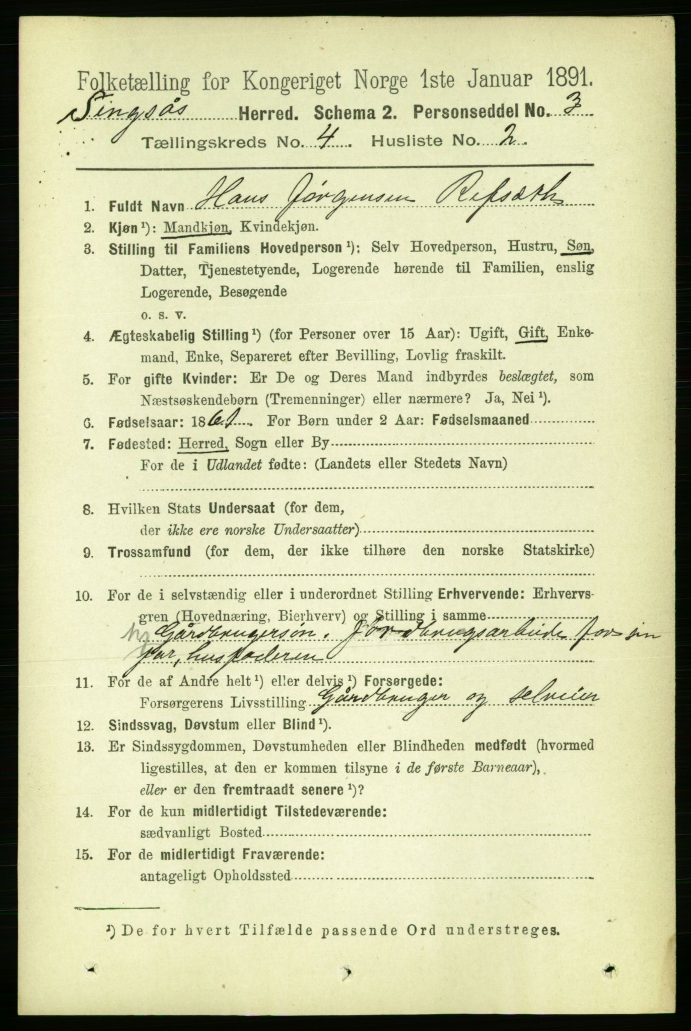 RA, 1891 census for 1646 Singsås, 1891, p. 842