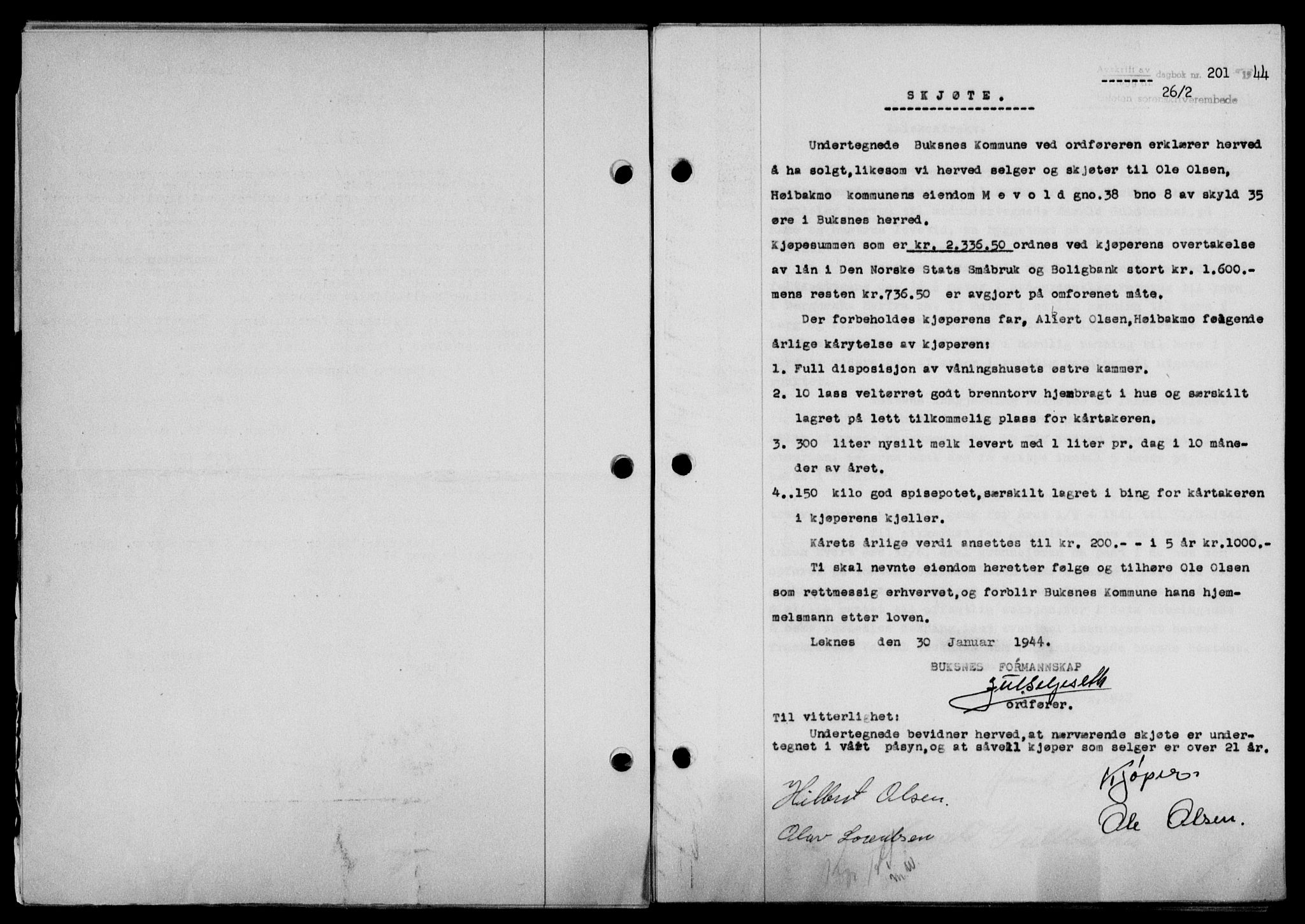 Lofoten sorenskriveri, SAT/A-0017/1/2/2C/L0012a: Mortgage book no. 12a, 1943-1944, Diary no: : 201/1944