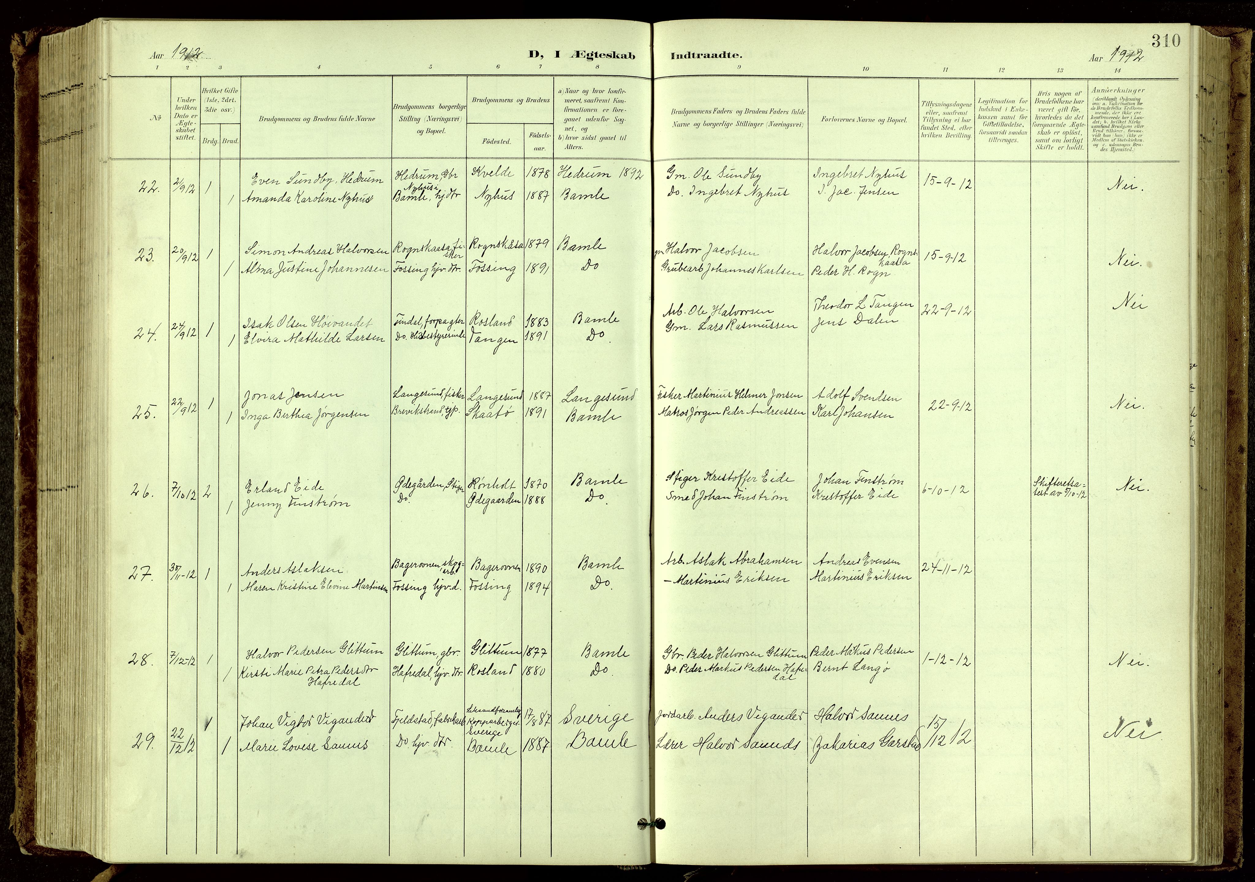 Bamble kirkebøker, SAKO/A-253/G/Ga/L0010: Parish register (copy) no. I 10, 1901-1919, p. 310