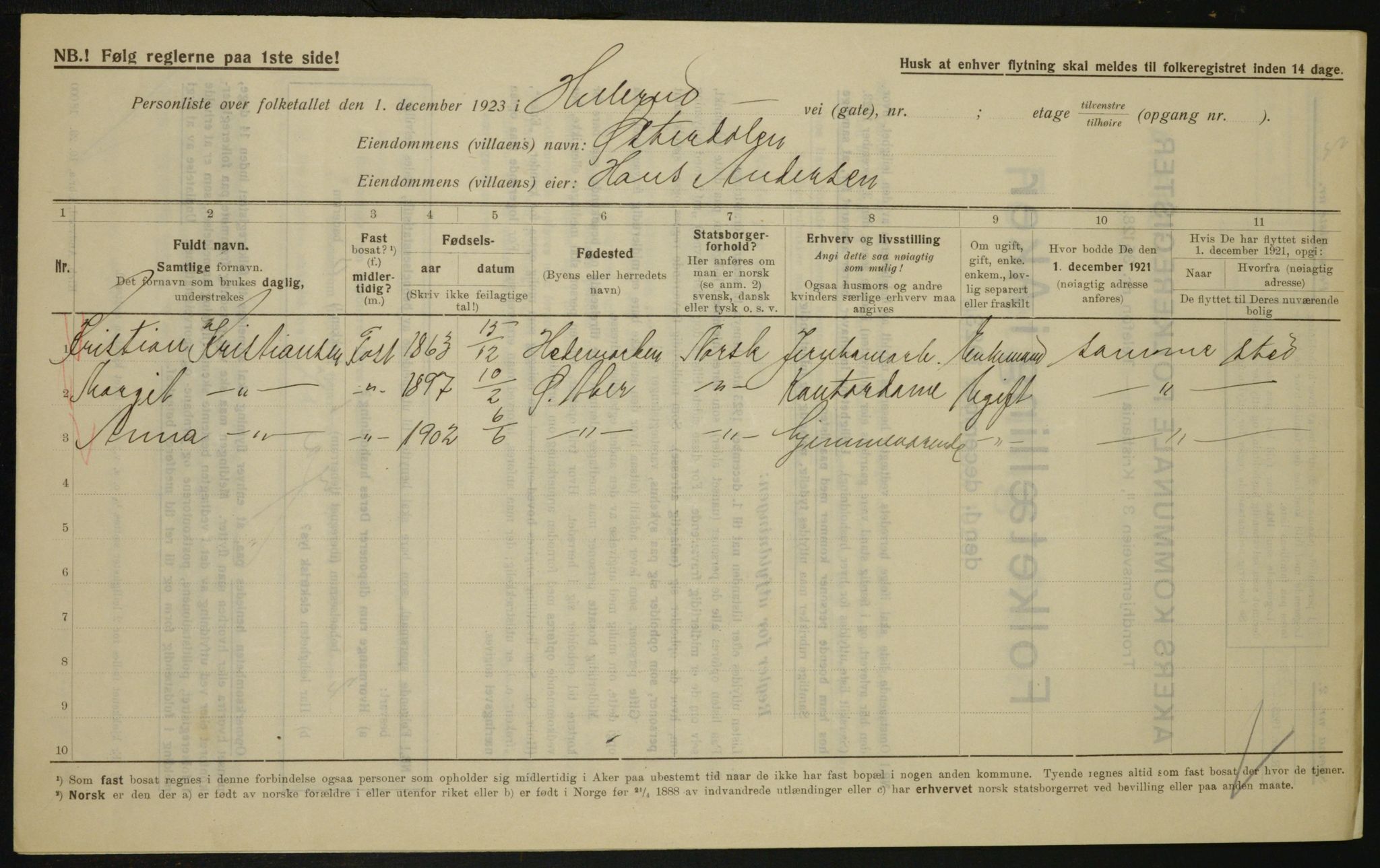 , Municipal Census 1923 for Aker, 1923, p. 26069