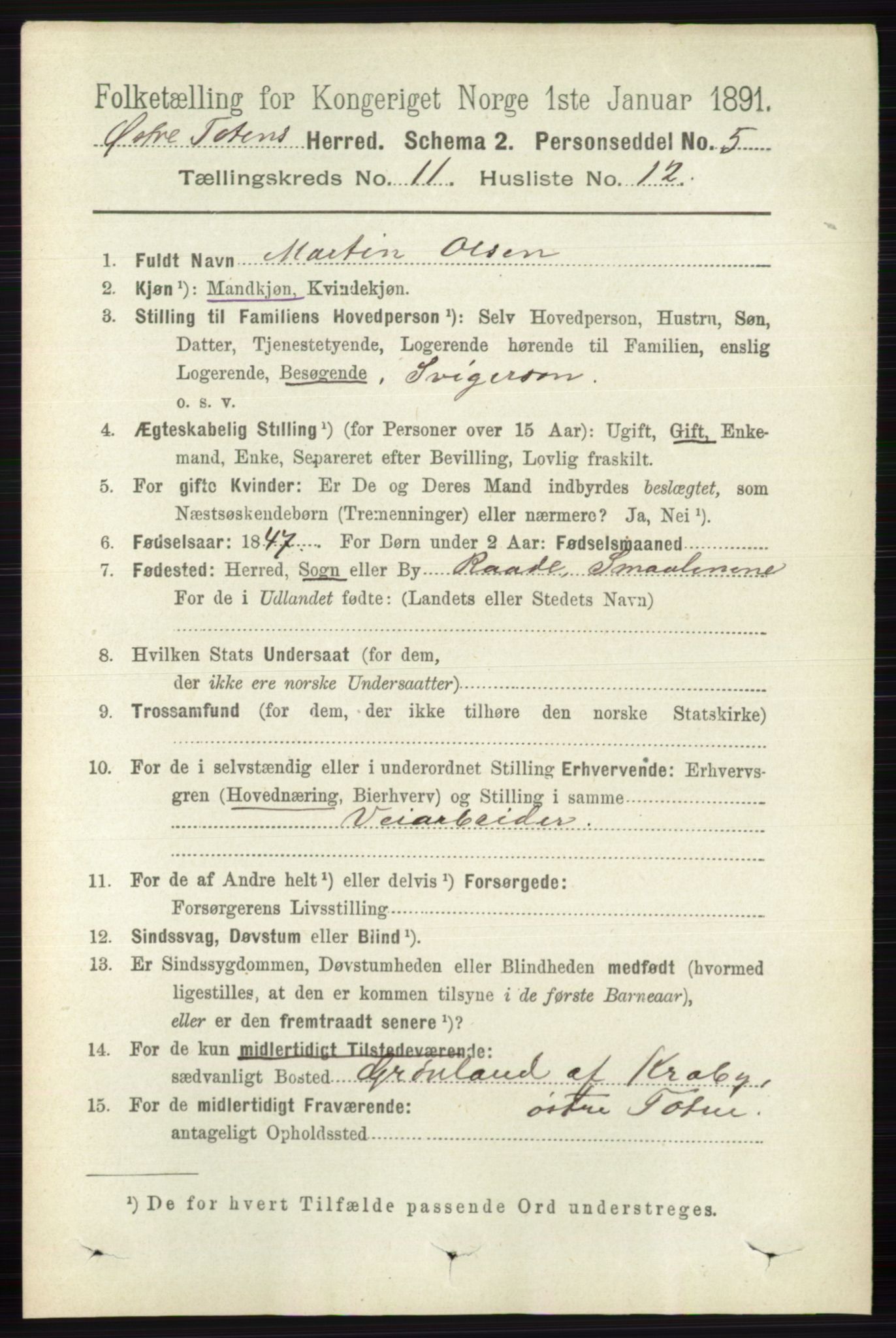 RA, 1891 census for 0528 Østre Toten, 1891, p. 7012