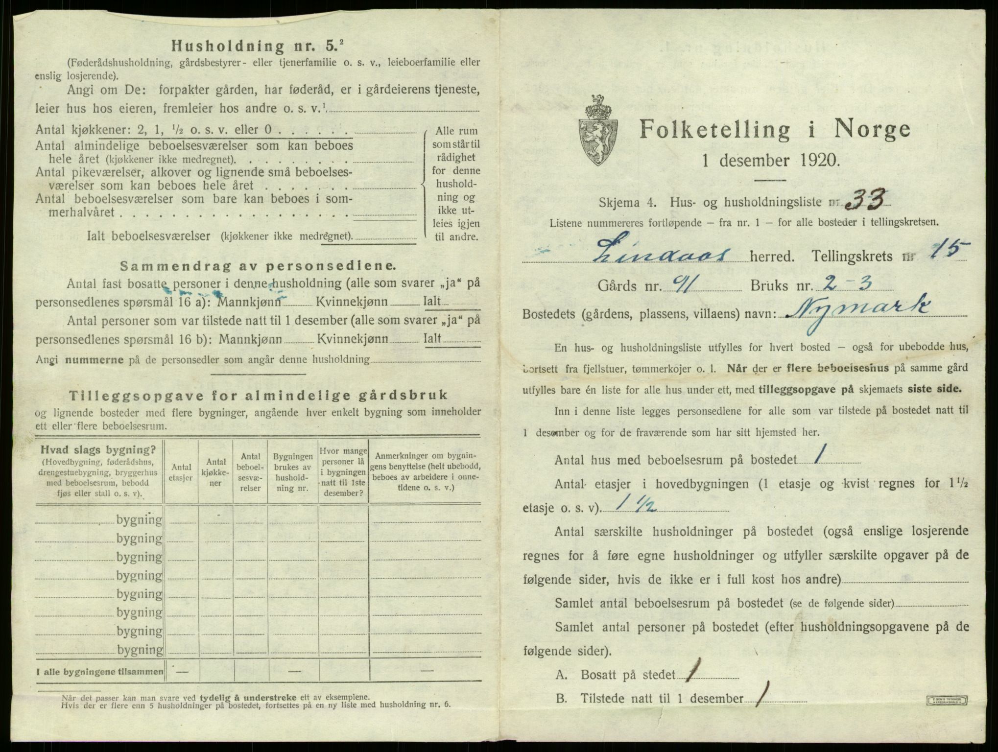 SAB, 1920 census for Lindås, 1920, p. 1061