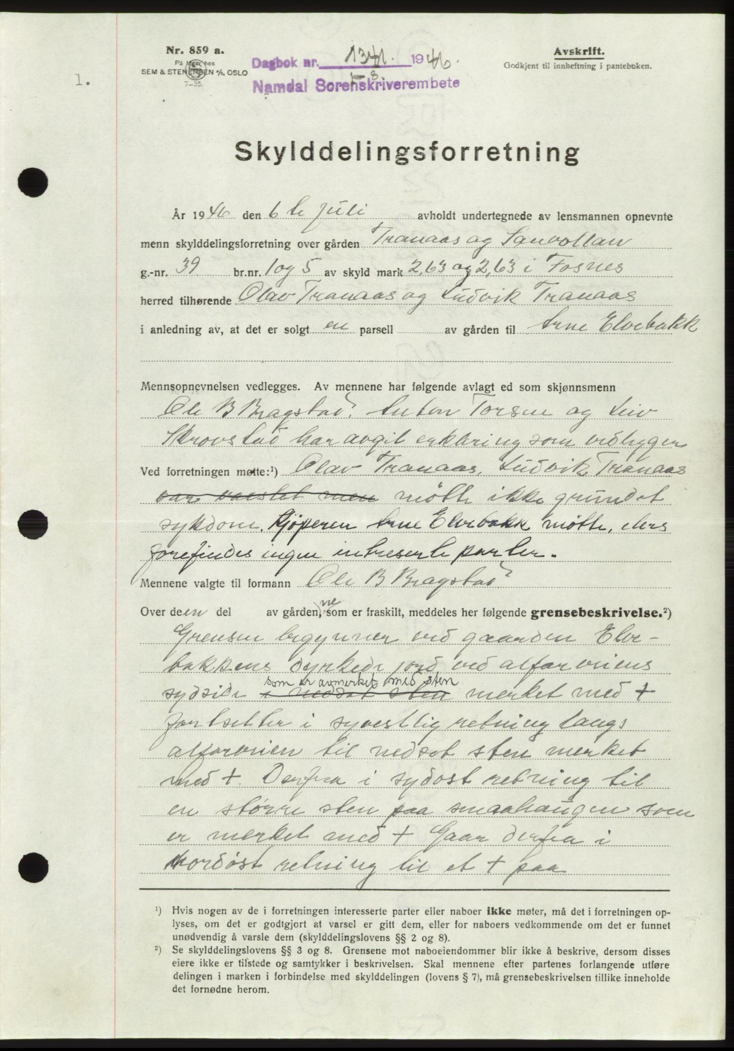 Namdal sorenskriveri, AV/SAT-A-4133/1/2/2C: Mortgage book no. -, 1946-1946, Diary no: : 1341/1946